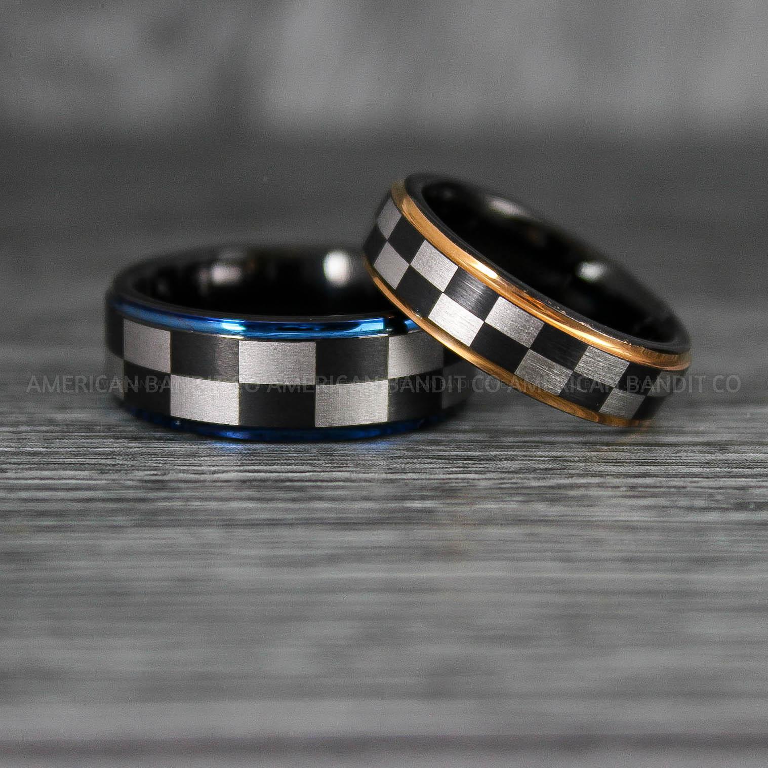 IMG_6916 Checkered Flag Rings, Motor Sports Jewelry, Auto Racing Rings, Car Racing Rings, Checkered Flag Pattern Wedding Bands - Image 1