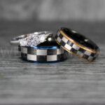 Checkered Flag Rings, Motor Sports Jewelry, Auto Racing Rings, Car Racing Rings, Checkered Flag Pattern Wedding Bands
