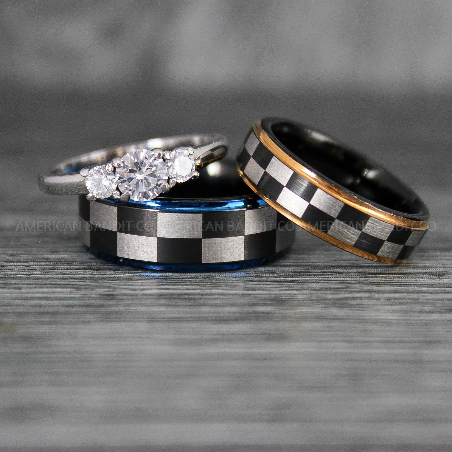 IMG_6917 Checkered Flag Rings, Motor Sports Jewelry, Auto Racing Rings, Car Racing Rings, Checkered Flag Pattern Wedding Bands - Image 1