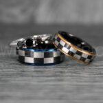 Checkered Flag Rings, Motor Sports Jewelry, Auto Racing Rings, Car Racing Rings, Checkered Flag Pattern Wedding Bands