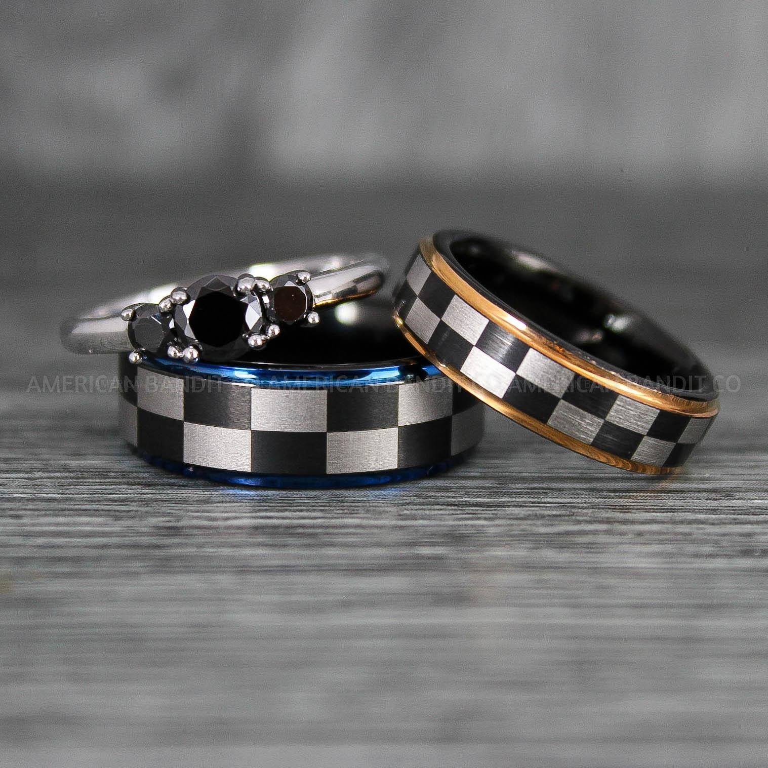 IMG_6918 Checkered Flag Rings, Motor Sports Jewelry, Auto Racing Rings, Car Racing Rings, Checkered Flag Pattern Wedding Bands - Image 1
