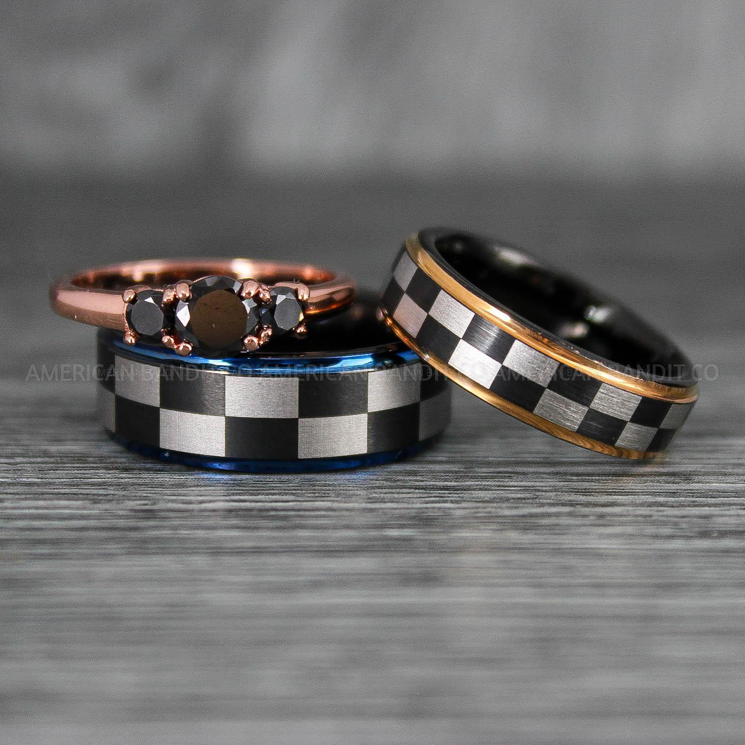 IMG_6919 Checkered Flag Rings, Motor Sports Jewelry, Auto Racing Rings, Car Racing Rings, Checkered Flag Pattern Wedding Bands - Image 1