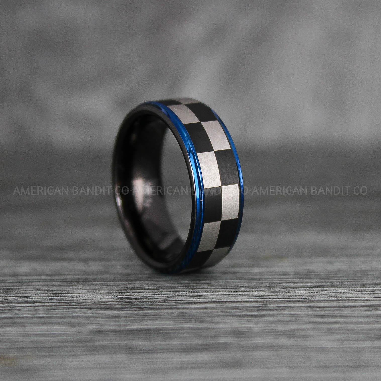 IMG_6920 Checkered Flag Rings, Motor Sports Jewelry, Auto Racing Rings, Car Racing Rings, Checkered Flag Pattern Wedding Band - Image 1