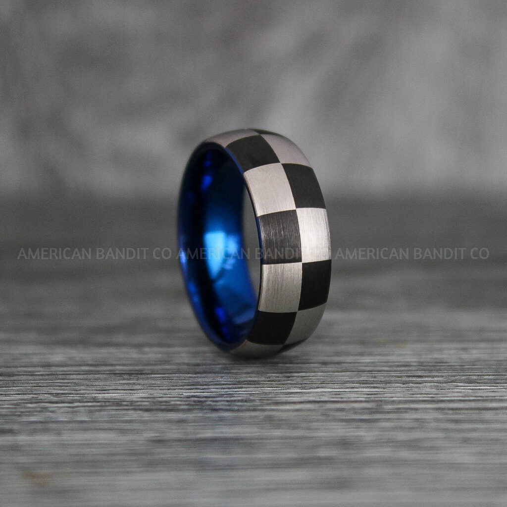 Checkered Flag Stainless Steel Rings – Polished & Brushed Design (Set)