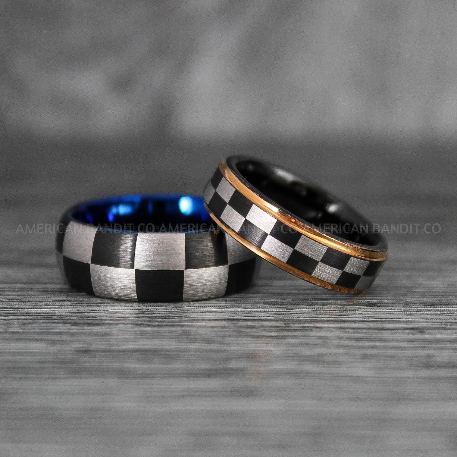 IMG_6924 Checkered Flag Rings, Motor Sports Jewelry, Auto Racing Rings, Car Racing Rings, Checkered Flag Pattern Wedding Bands - Image 1