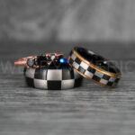 Checkered Flag Rings, Motor Sports Jewelry, Auto Racing Rings, Car Racing Rings, Checkered Flag Pattern Wedding Bands