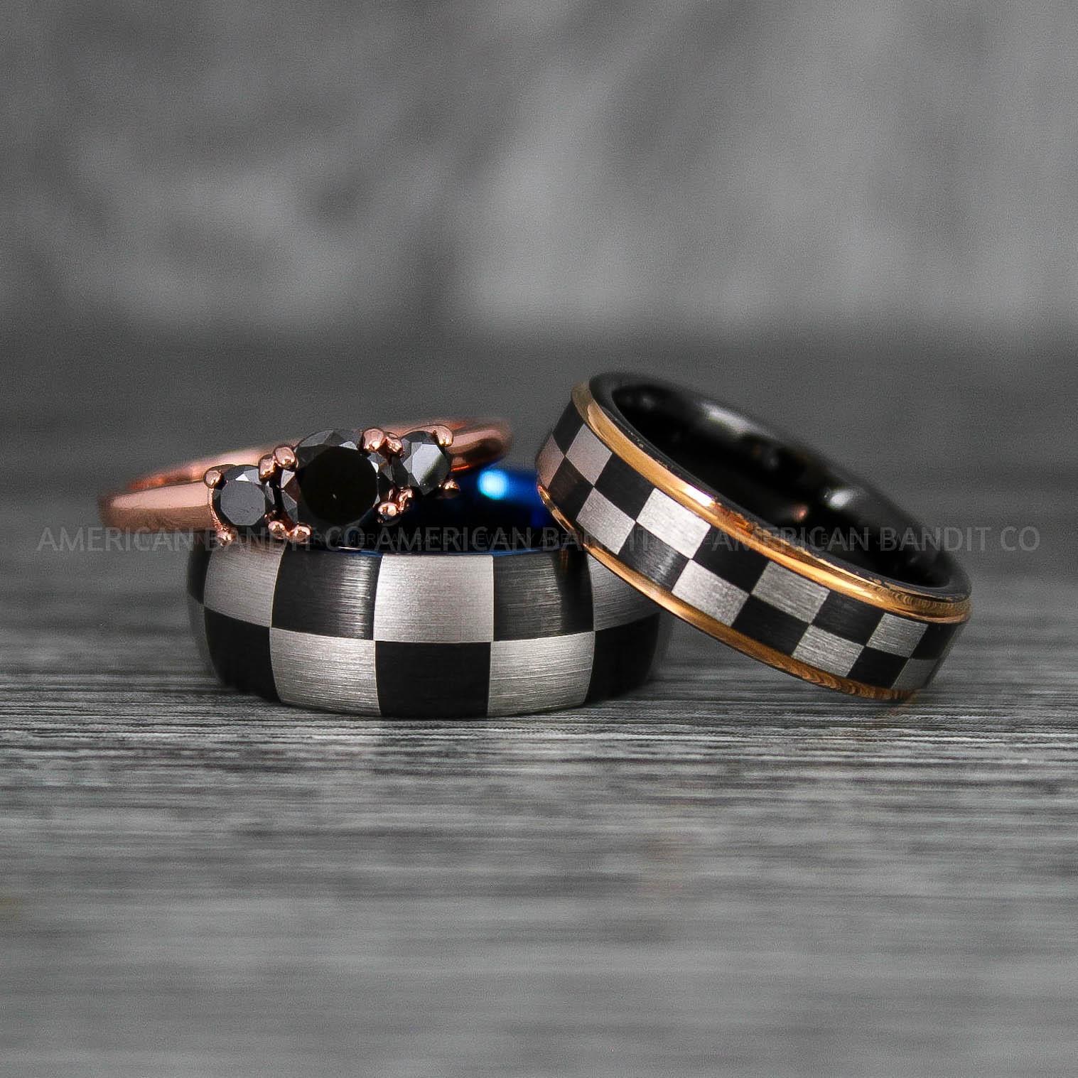 IMG_6925 Checkered Flag Rings, Motor Sports Jewelry, Auto Racing Rings, Car Racing Rings, Checkered Flag Pattern Wedding Bands - Image 1
