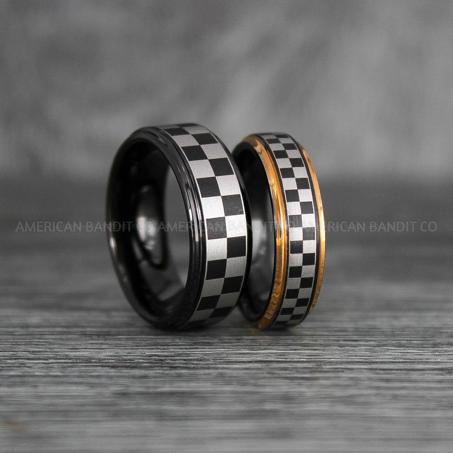 IMG_6927 Checkered Flag Rings, Motor Sports Jewelry, Auto Racing Rings, Car Racing Rings, Checkered Flag Pattern Wedding Bands - Image 1
