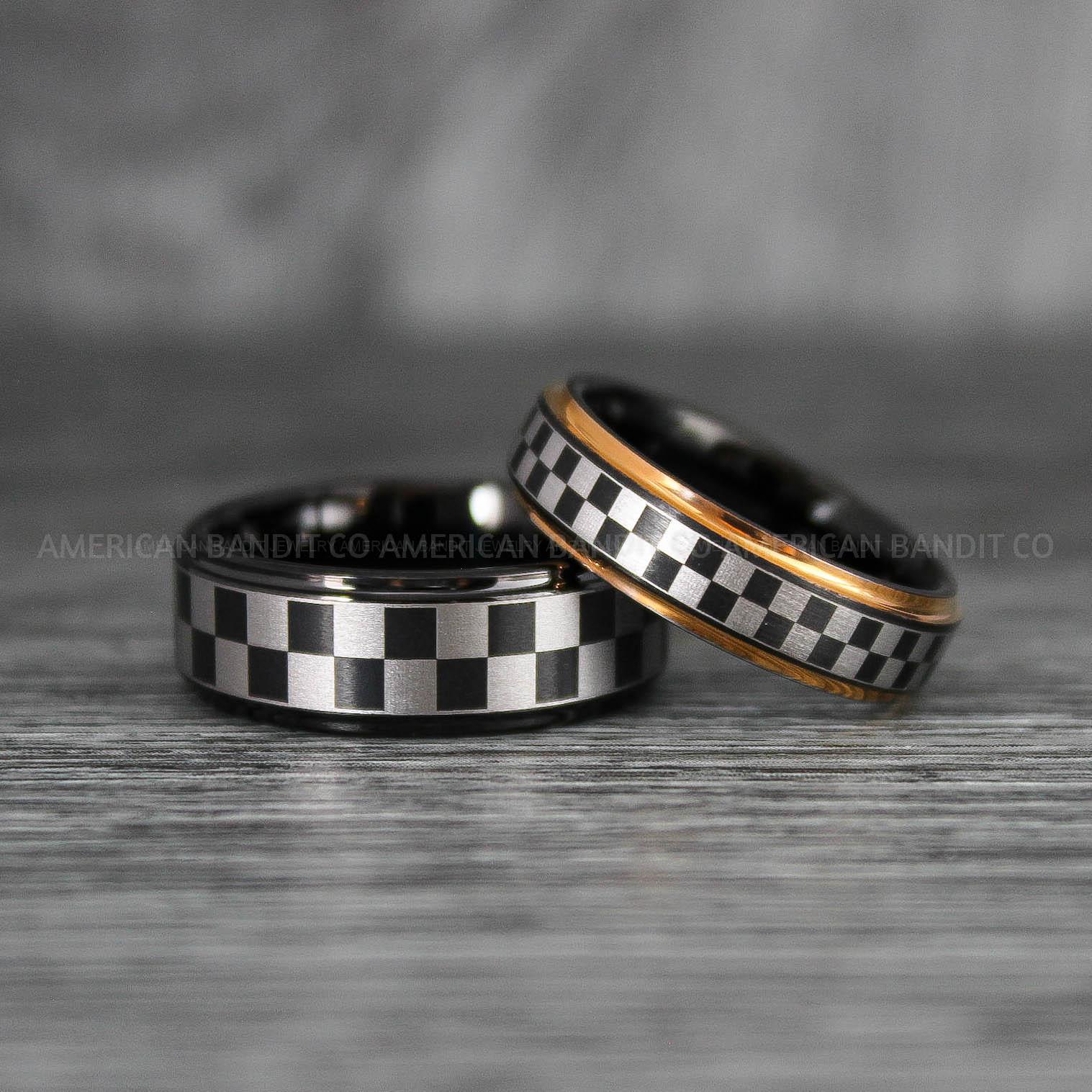 IMG_6928 Checkered Flag Rings, Motor Sports Jewelry, Auto Racing Rings, Car Racing Rings, Checkered Flag Pattern Wedding Bands - Image 1