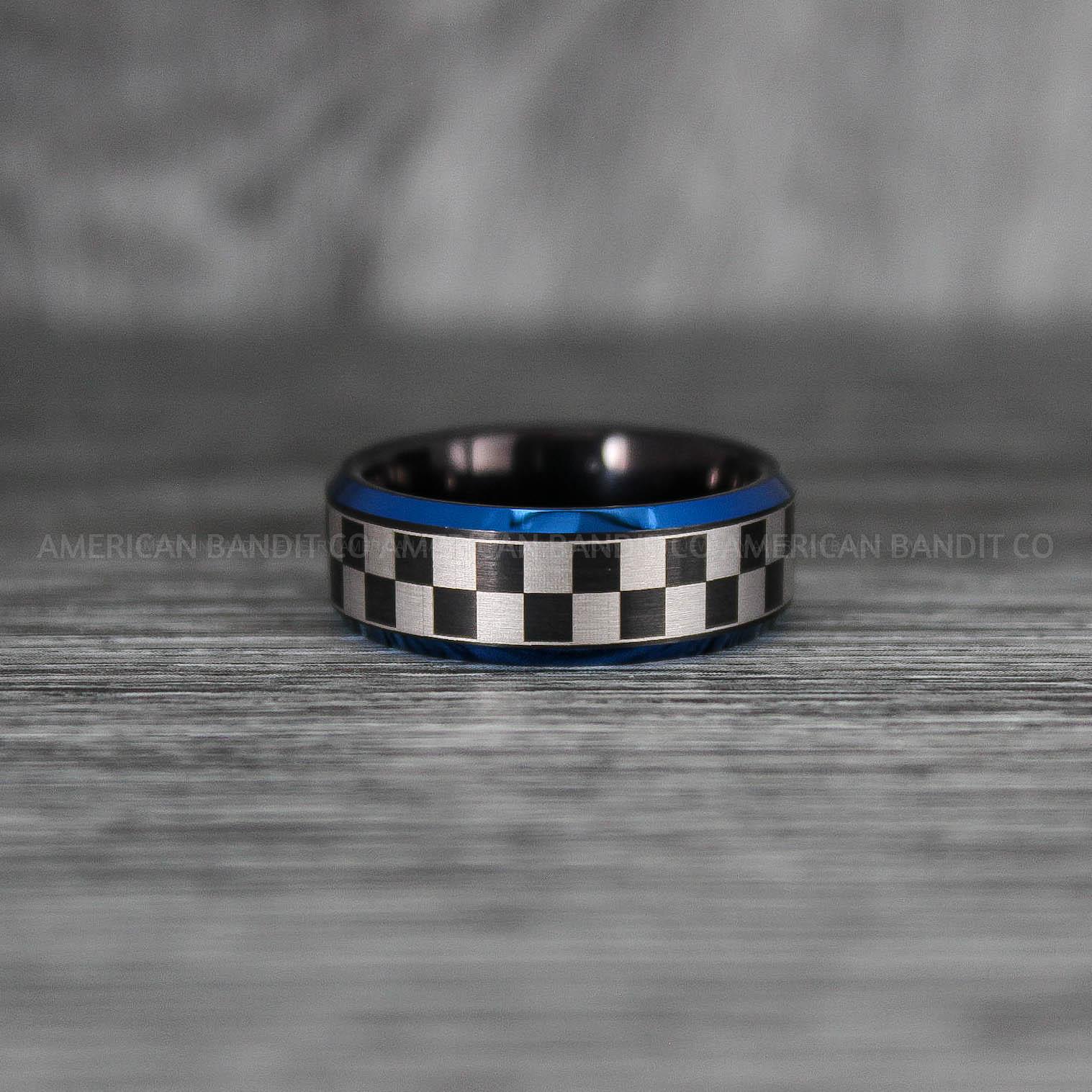 IMG_6929 Checkered Flag Rings, Motor Sports Jewelry, Auto Racing Rings, Car Racing Rings, Checkered Flag Pattern Wedding Bands - Image 1