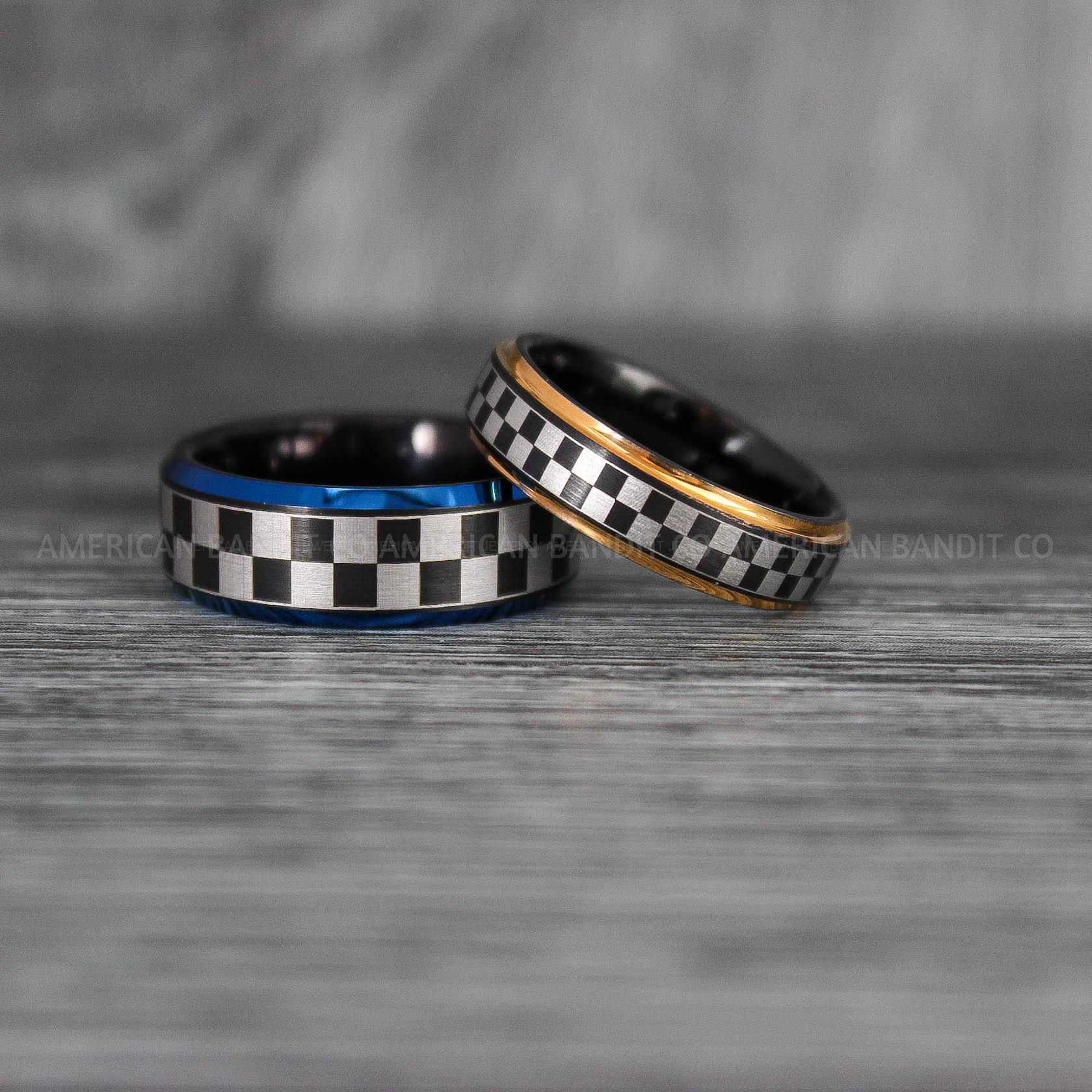IMG_6930 Checkered Flag Rings, Motor Sports Jewelry, Auto Racing Rings, Car Racing Rings, Checkered Flag Pattern Wedding Bands - Image 1