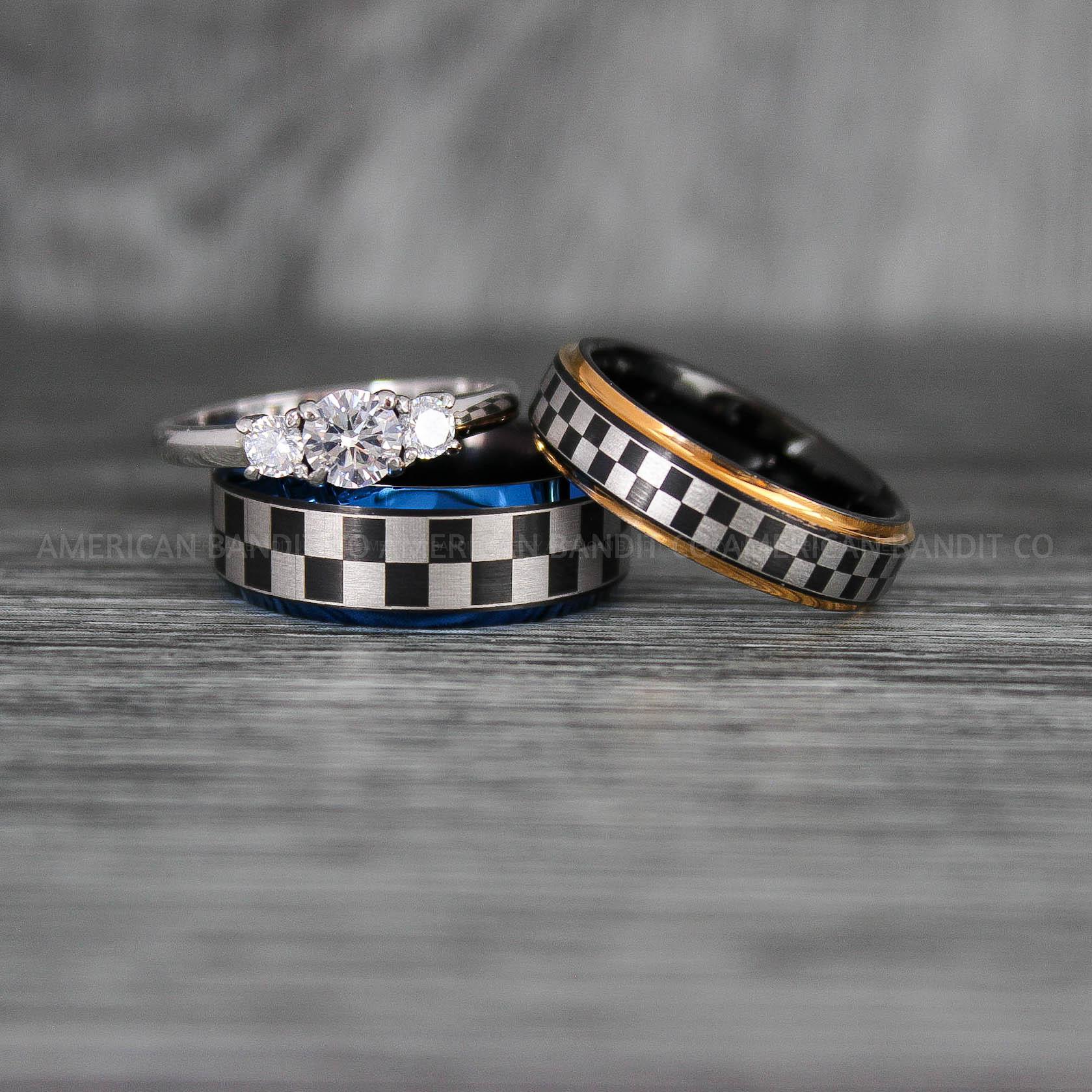 IMG_6931 Checkered Flag Rings, Motor Sports Jewelry, Auto Racing Rings, Car Racing Rings, Checkered Flag Pattern Wedding Bands - Image 1