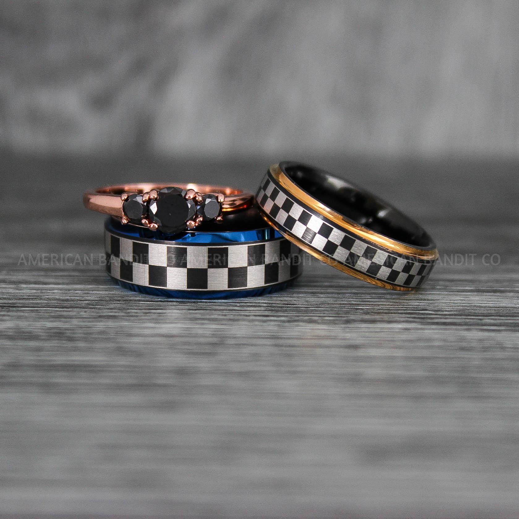IMG_6932 Checkered Flag Rings, Motor Sports Jewelry, Auto Racing Rings, Car Racing Rings, Checkered Flag Pattern Wedding Bands - Image 1