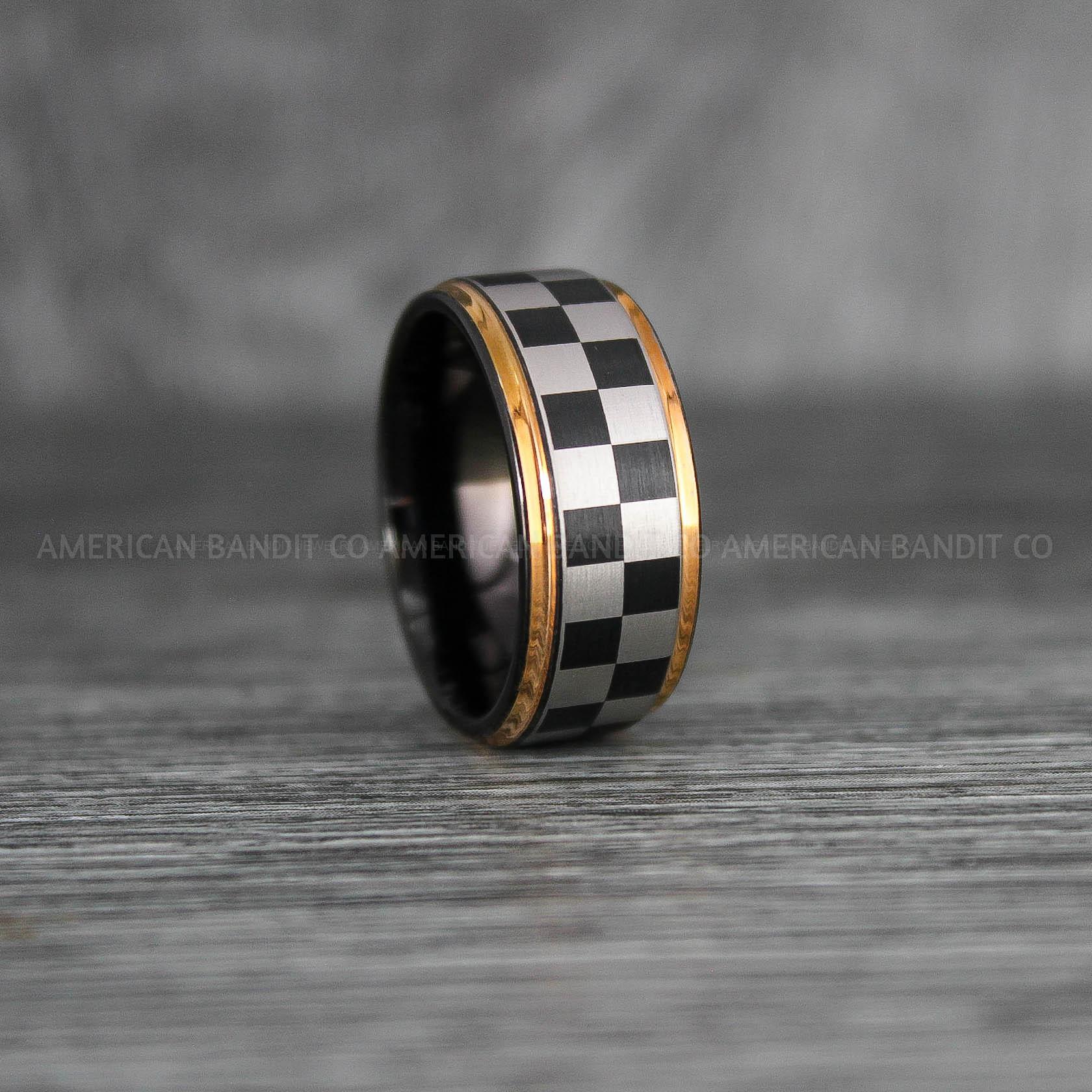 IMG_6933 Checkered Flag Ring, Motor Sports Jewelry, Auto Racing Ring, Car Racing Ring, Checkered Flag Pattern Wedding Band - Image 1