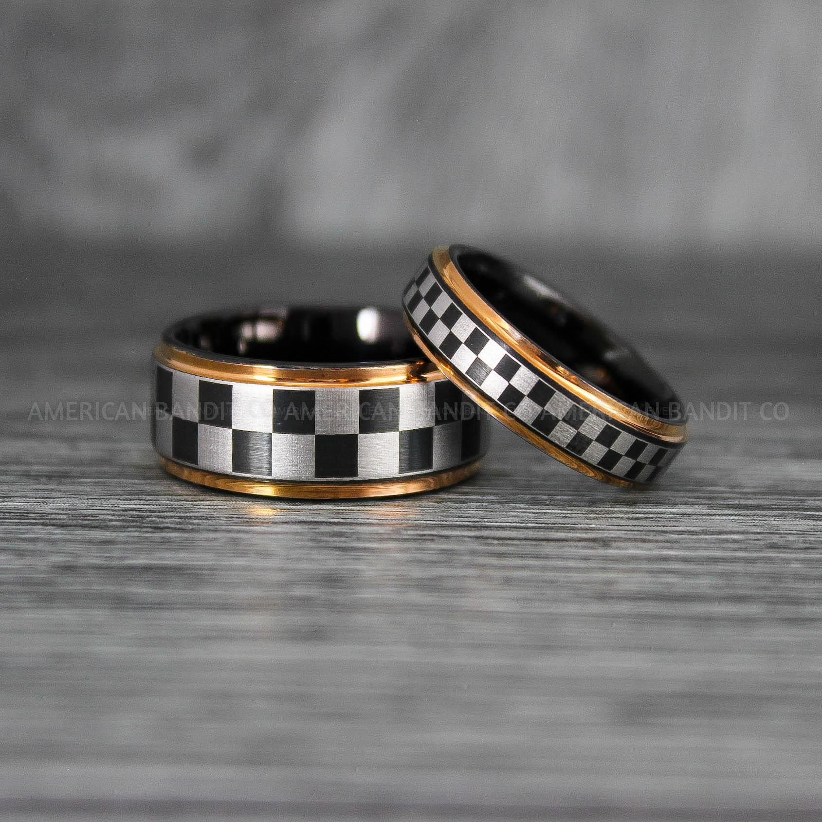 IMG_6935 Checkered Flag Rings, Motor Sports Jewelry, Auto Racing Rings, Car Racing Rings, Checkered Flag Pattern Wedding Bands - Image 1