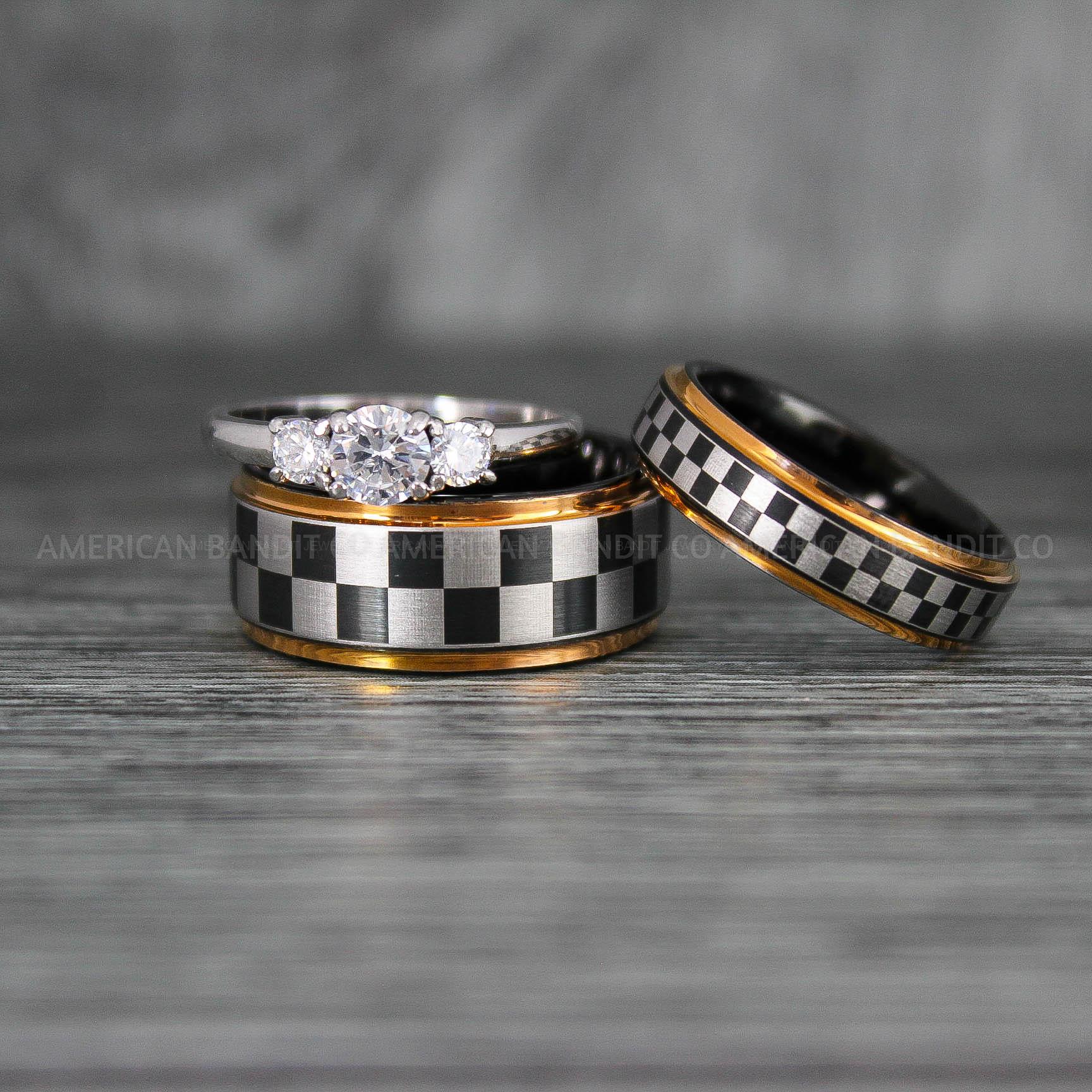 IMG_6936 Checkered Flag Rings, Motor Sports Jewelry, Auto Racing Rings, Car Racing Rings, Checkered Flag Pattern Wedding Bands - Image 1