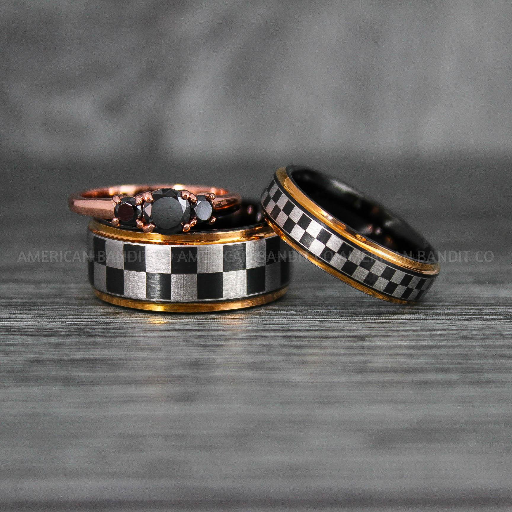 IMG_6937 Checkered Flag Rings, Motor Sports Jewelry, Auto Racing Rings, Car Racing Rings, Checkered Flag Pattern Wedding Bands - Image 1