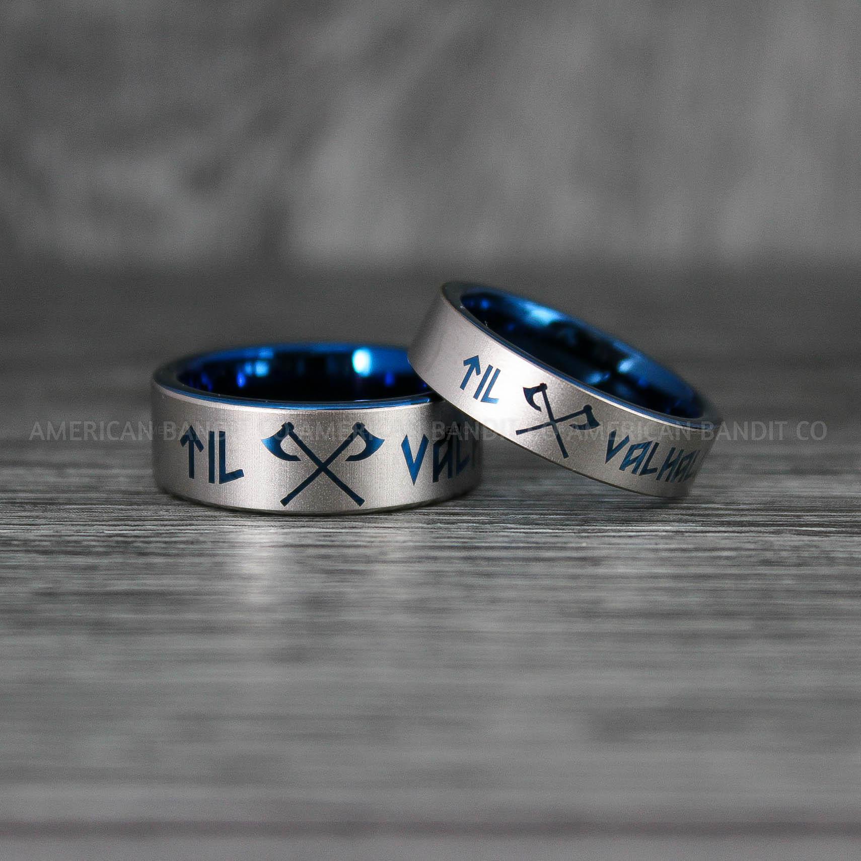IMG_6938 Til Valhalla Rings, Viking Rings, Runes Rings, Vegvísir Ring, Nordic Rings, Norsemen Rings, Nordic Runes Rings, Blue Tungsten Bands - Image 1