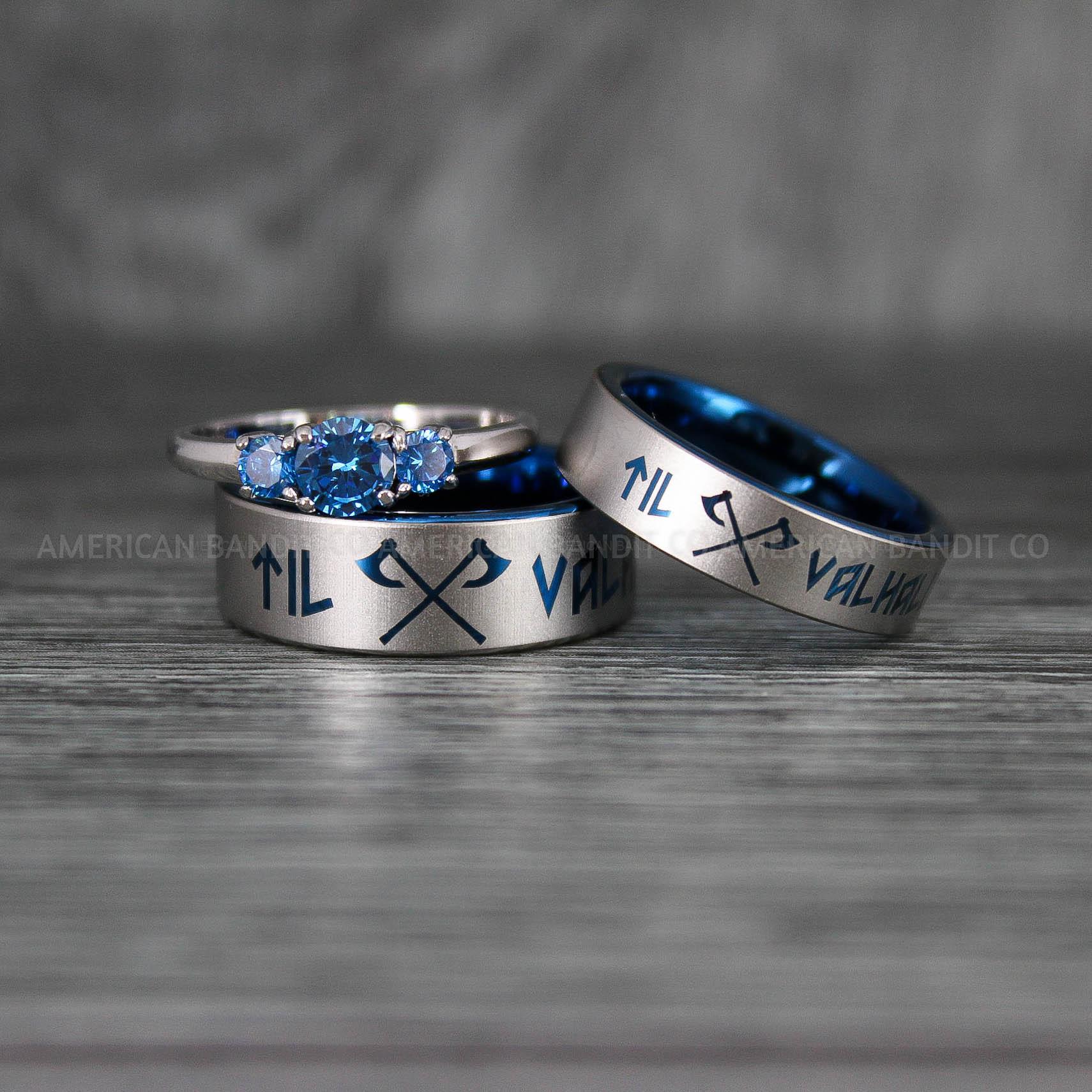 IMG_6939 Til Valhalla Rings, Viking Rings, Runes Rings, Vegvísir Ring, Nordic Rings, Norsemen Rings, Nordic Runes Rings, Blue Tungsten Bands - Image 1