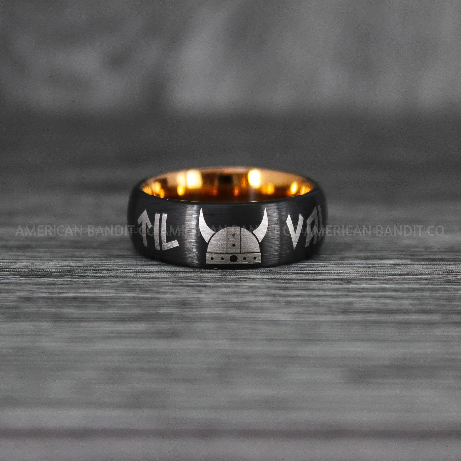 IMG_6942 Til Valhalla Ring, Viking Ring, Runes Ring, Vegvísir Ring, Nordic Ring, Norsemen Ring, Nordic Runes Ring, Black Tungsten Band - Image 1