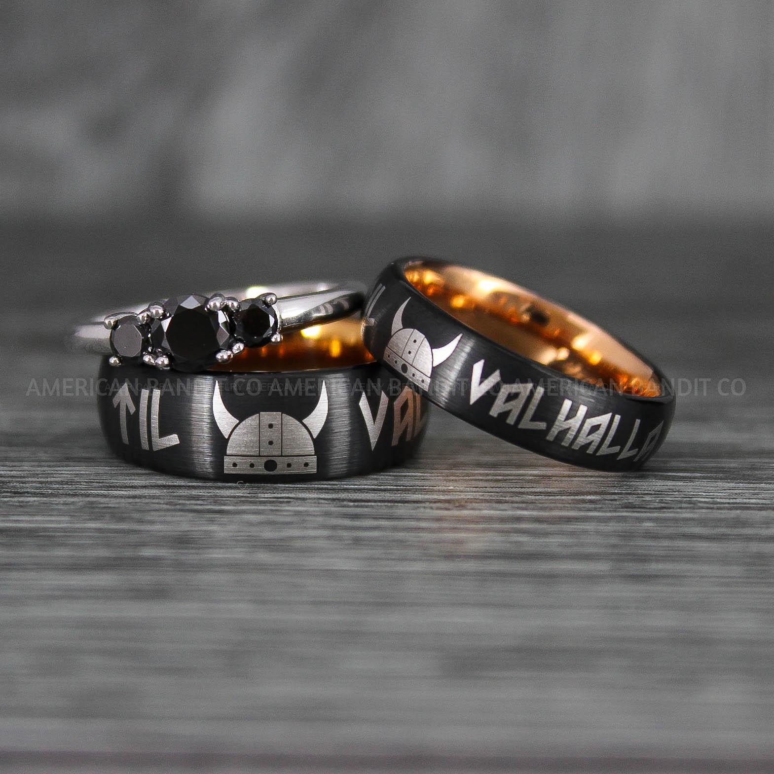 IMG_6947 Til Valhalla Rings, Viking Rings, Runes Rings, Vegvísir Ring, Nordic Rings, Norsemen Rings, Nordic Runes Rings, Black Tungsten Bands - Image 1
