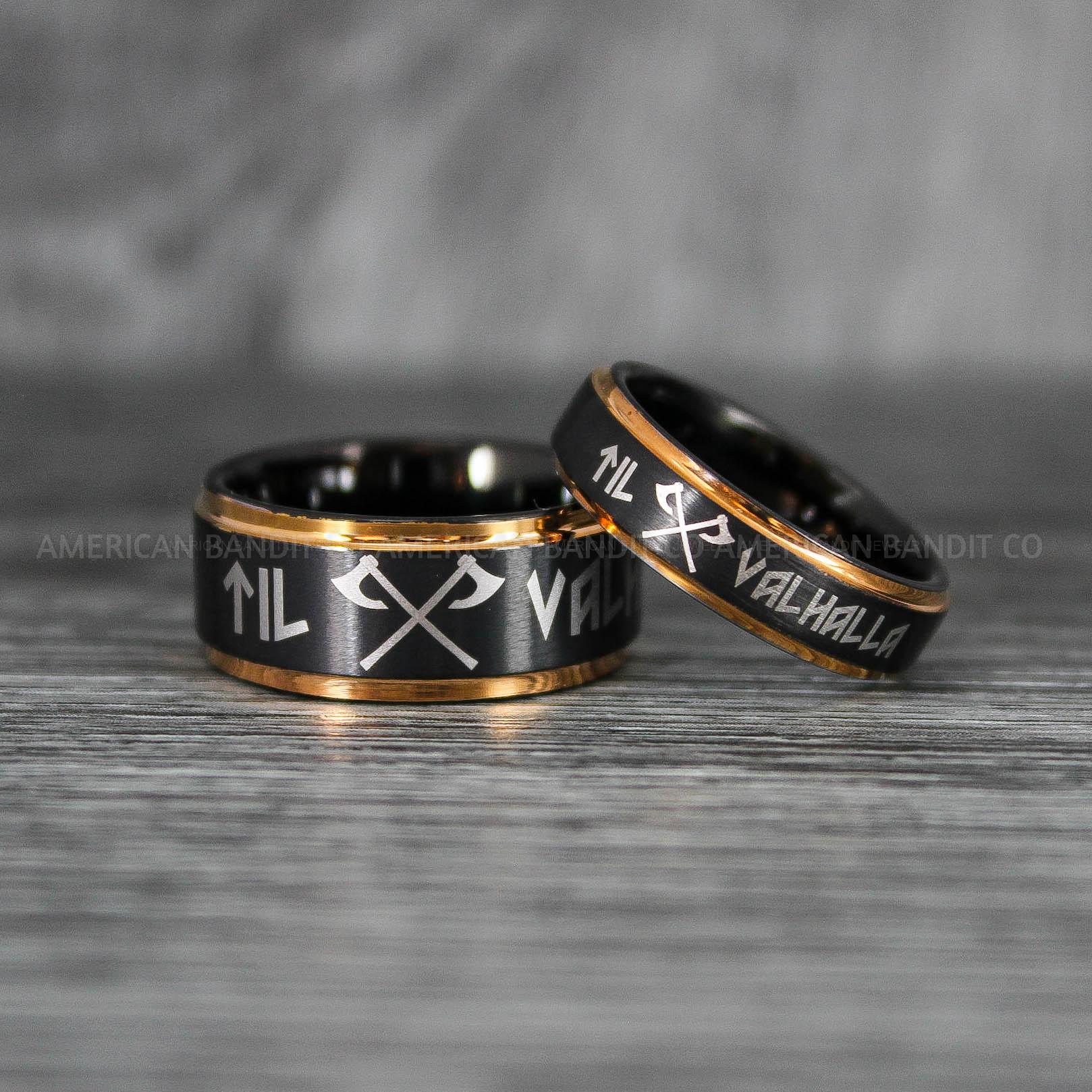 IMG_6958 Til Valhalla Ring, Viking Ring, Runes Ring, Vegvísir Ring, Nordic Ring, Norsemen Ring, Nordic Runes Ring, Black Tungsten Band - Image 1