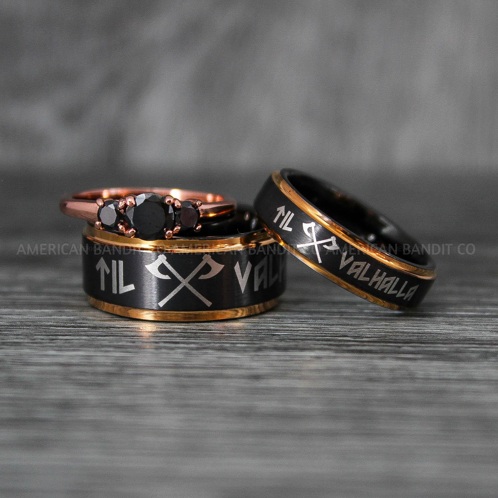IMG_6959 Til Valhalla Rings, Viking Rings, Runes Rings, Vegvísir Ring, Nordic Rings, Norsemen Rings, Nordic Runes Rings, Black Tungsten Bands - Image 1
