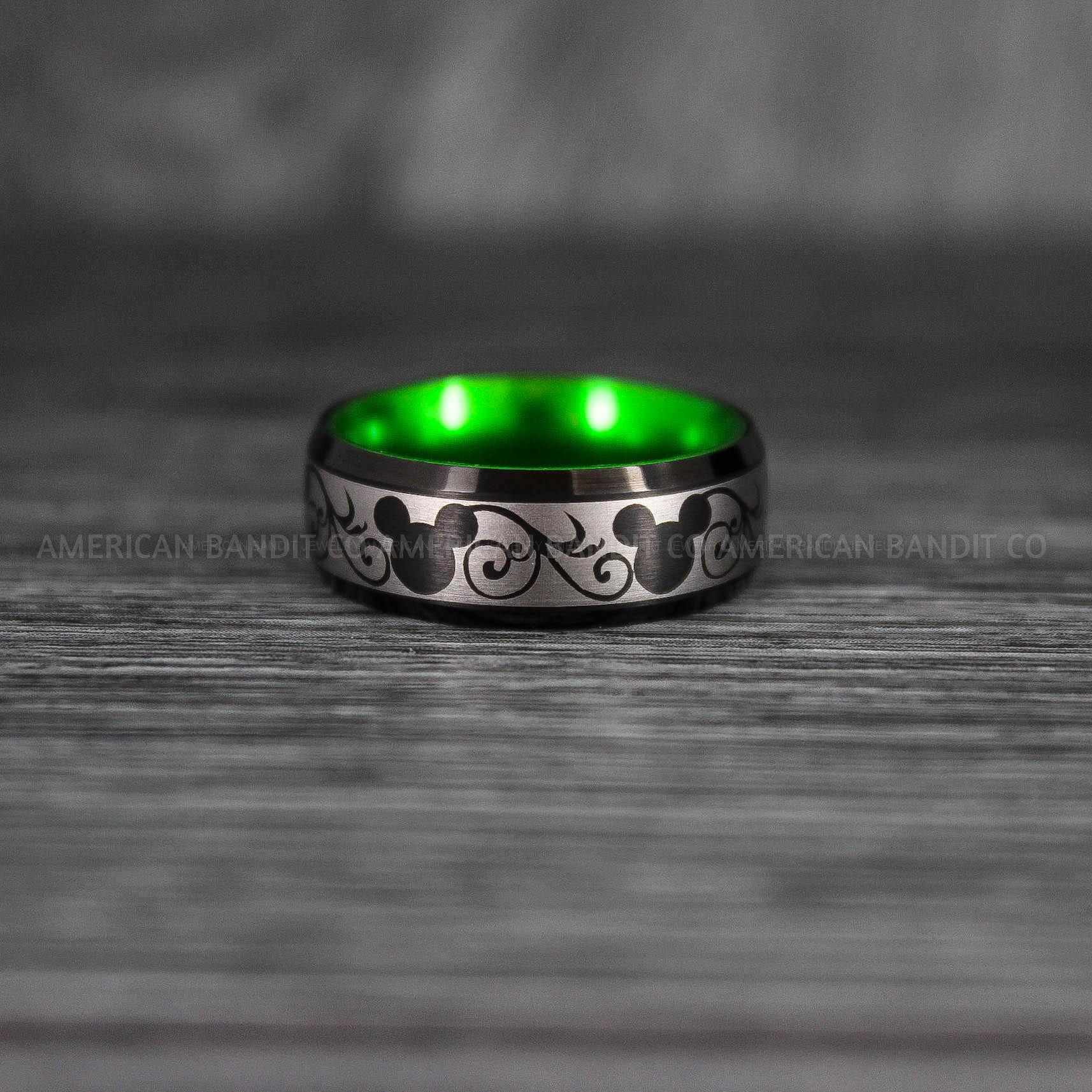 IMG_6998 Mickey Mouse Ring, Mickey Ring, Mickey Mouse Wedding Band, Mickey Mouse Wedding Ring, Black Wedding Band, Green Ring - Image 1