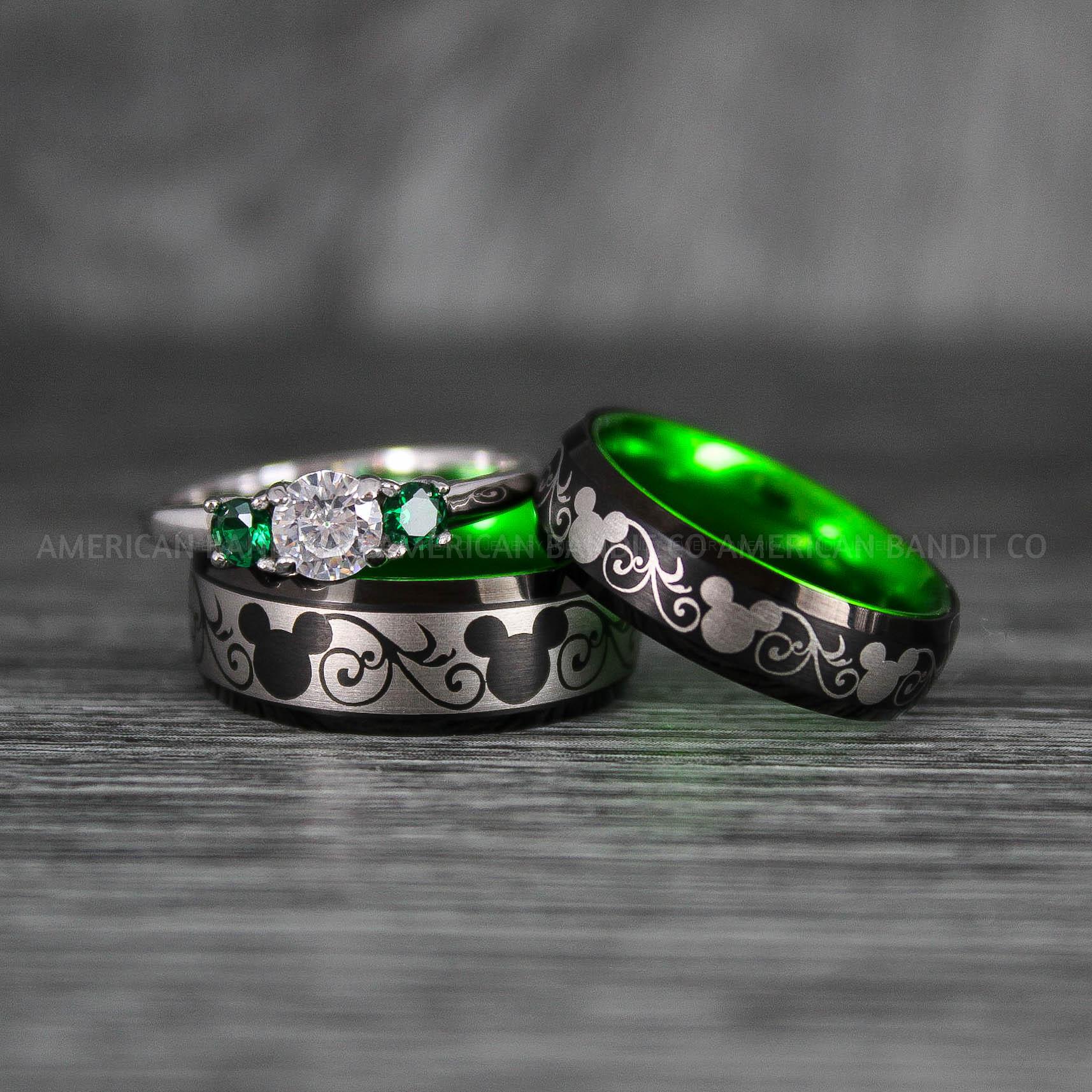 IMG_7001 Mickey Mouse Rings, Mickey Rings, Mickey Mouse Wedding Bands, Mickey Mouse Wedding Rings, Black Wedding Bands, Green Couple Rings - Image 1