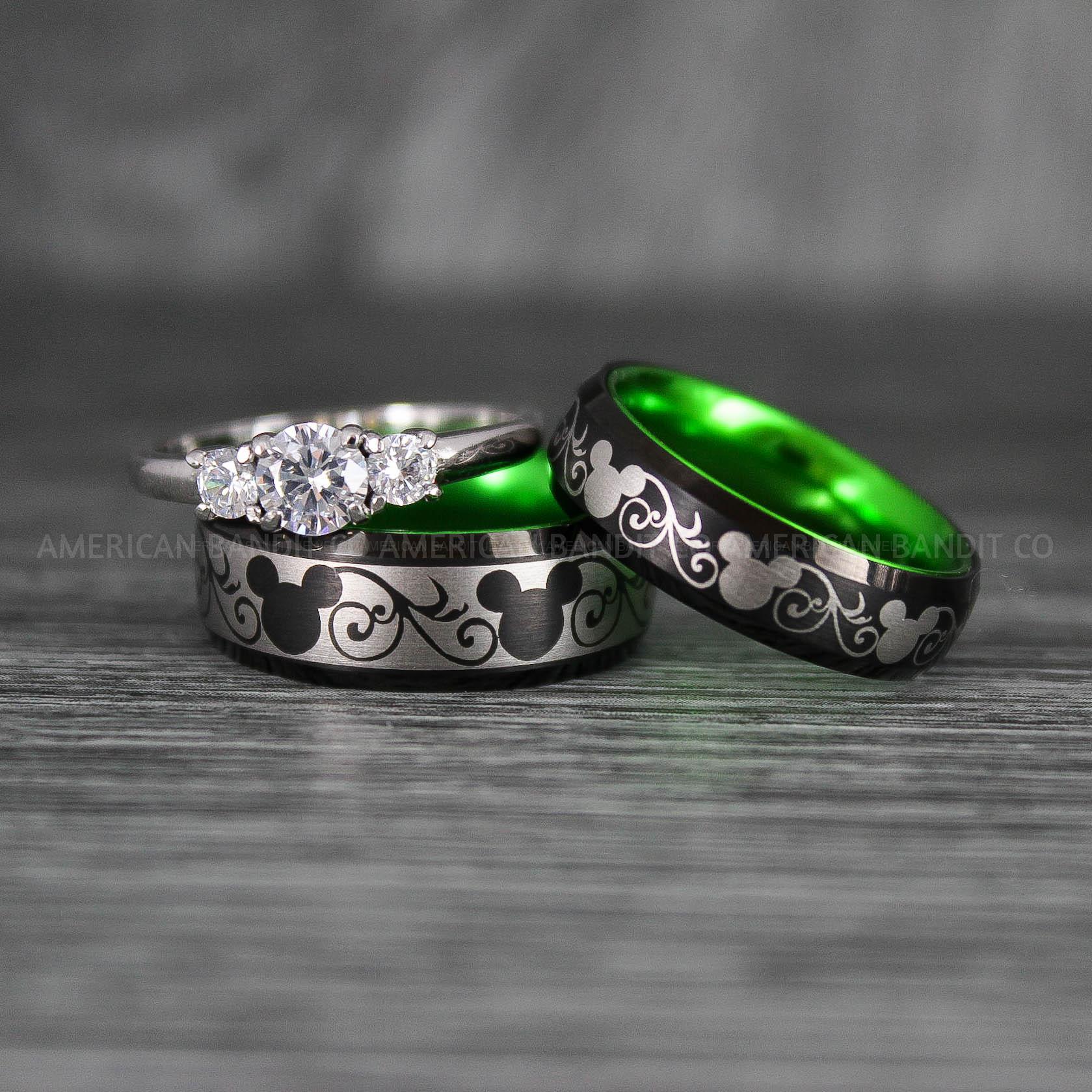 IMG_7002 Mickey Mouse Rings, Mickey Rings, Mickey Mouse Wedding Bands, Mickey Mouse Wedding Rings, Black Wedding Bands, Green Couple Rings - Image 1