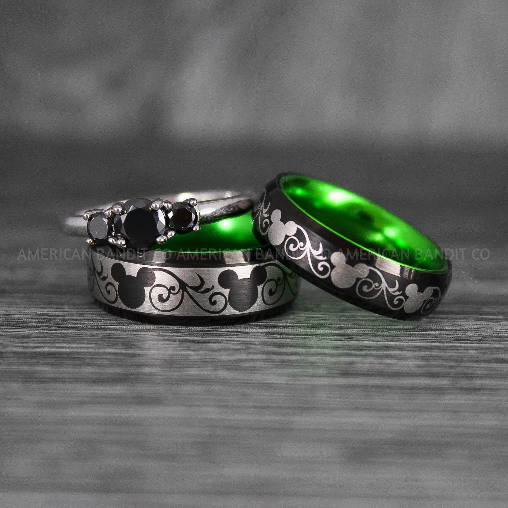 IMG_7003 Mickey Mouse Rings, Mickey Rings, Mickey Mouse Wedding Bands, Mickey Mouse Wedding Rings, Black Wedding Bands, Green Couple Rings - Image 1