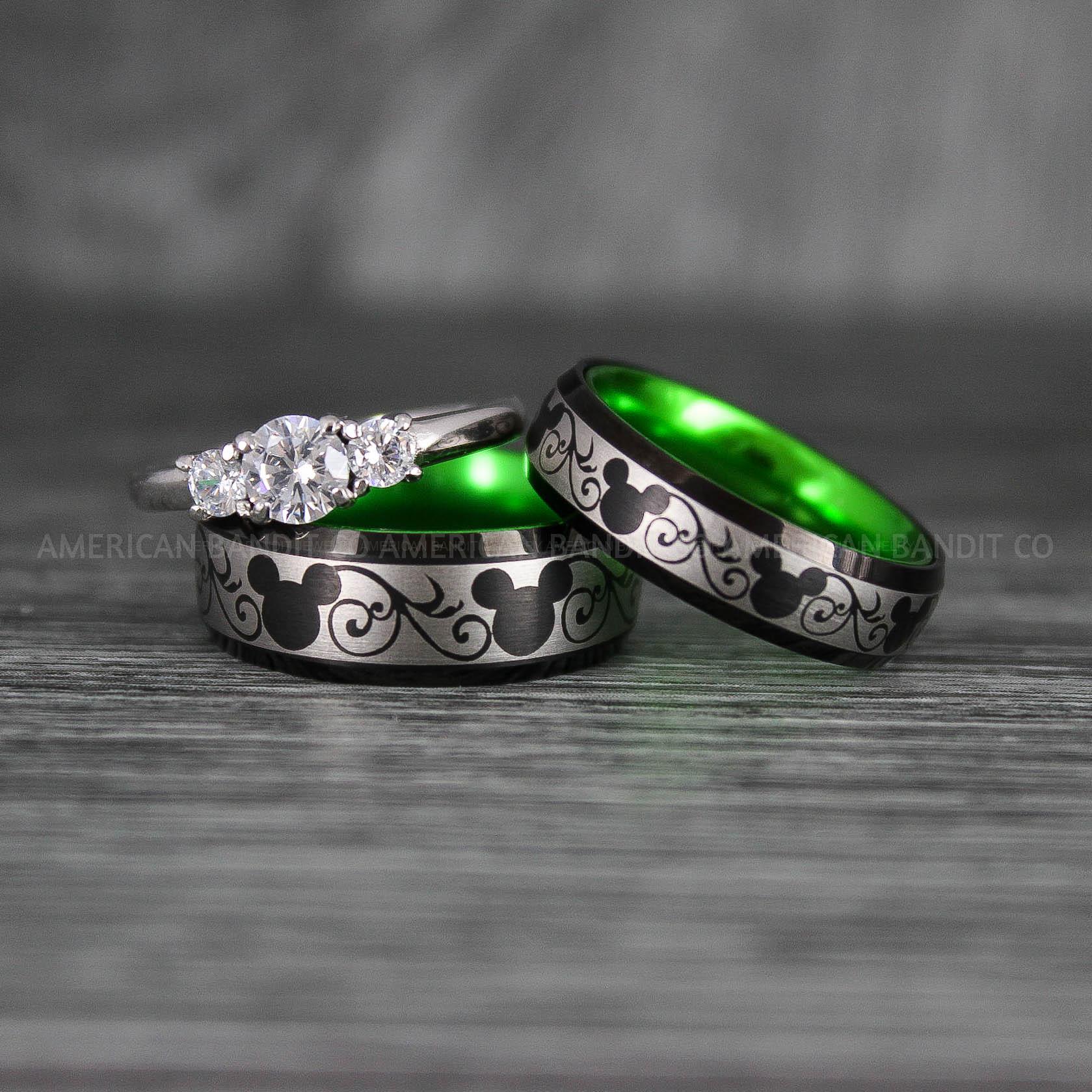 IMG_7006 Mickey Mouse Rings, Mickey Rings, Mickey Mouse Wedding Bands, Mickey Mouse Wedding Rings, Black Wedding Bands, Green Couple Rings - Image 1
