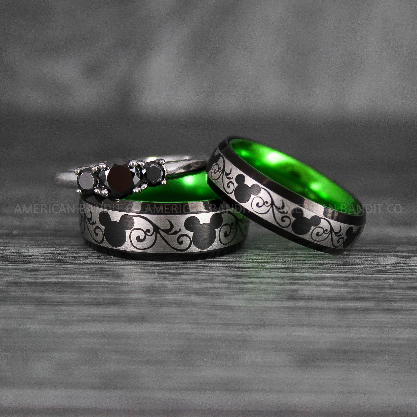 IMG_7008 Mickey Mouse Rings, Mickey Rings, Mickey Mouse Wedding Bands, Mickey Mouse Wedding Rings, Black Wedding Bands, Green Couple Rings - Image 1
