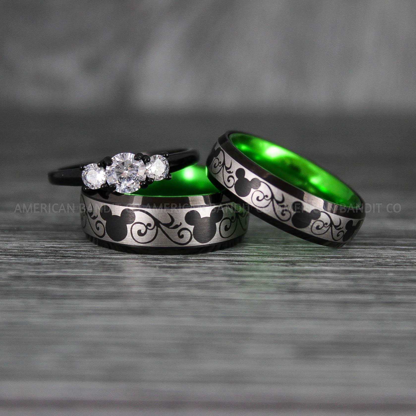 IMG_7009 Mickey Mouse Rings, Mickey Rings, Mickey Mouse Wedding Bands, Mickey Mouse Wedding Rings, Black Wedding Bands, Green Couple Rings - Image 1