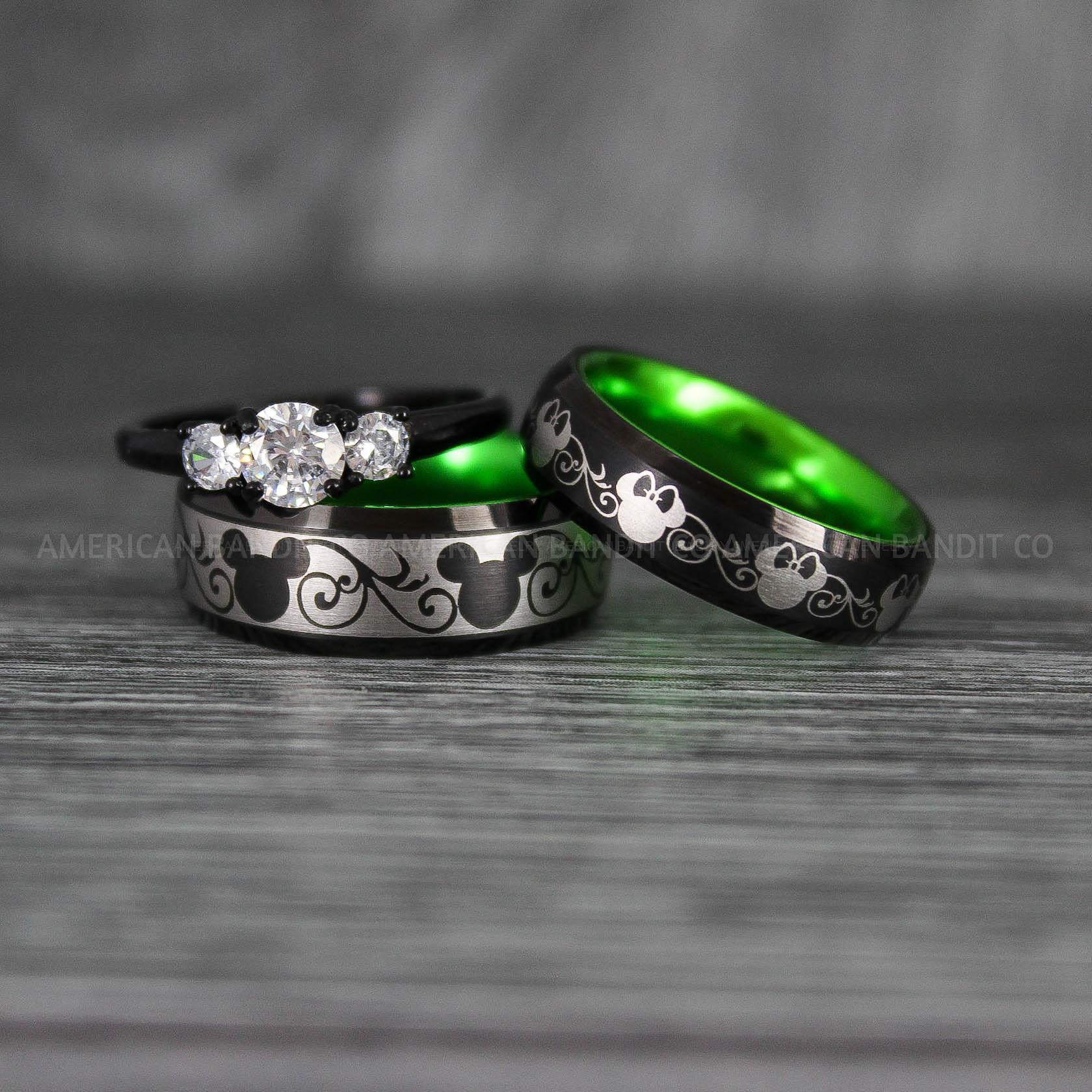 IMG_7010 Mickey Mouse Rings, Mickey Rings, Mickey Mouse Wedding Bands, Mickey Mouse Wedding Rings, Black Wedding Bands, Green Couple Rings - Image 1