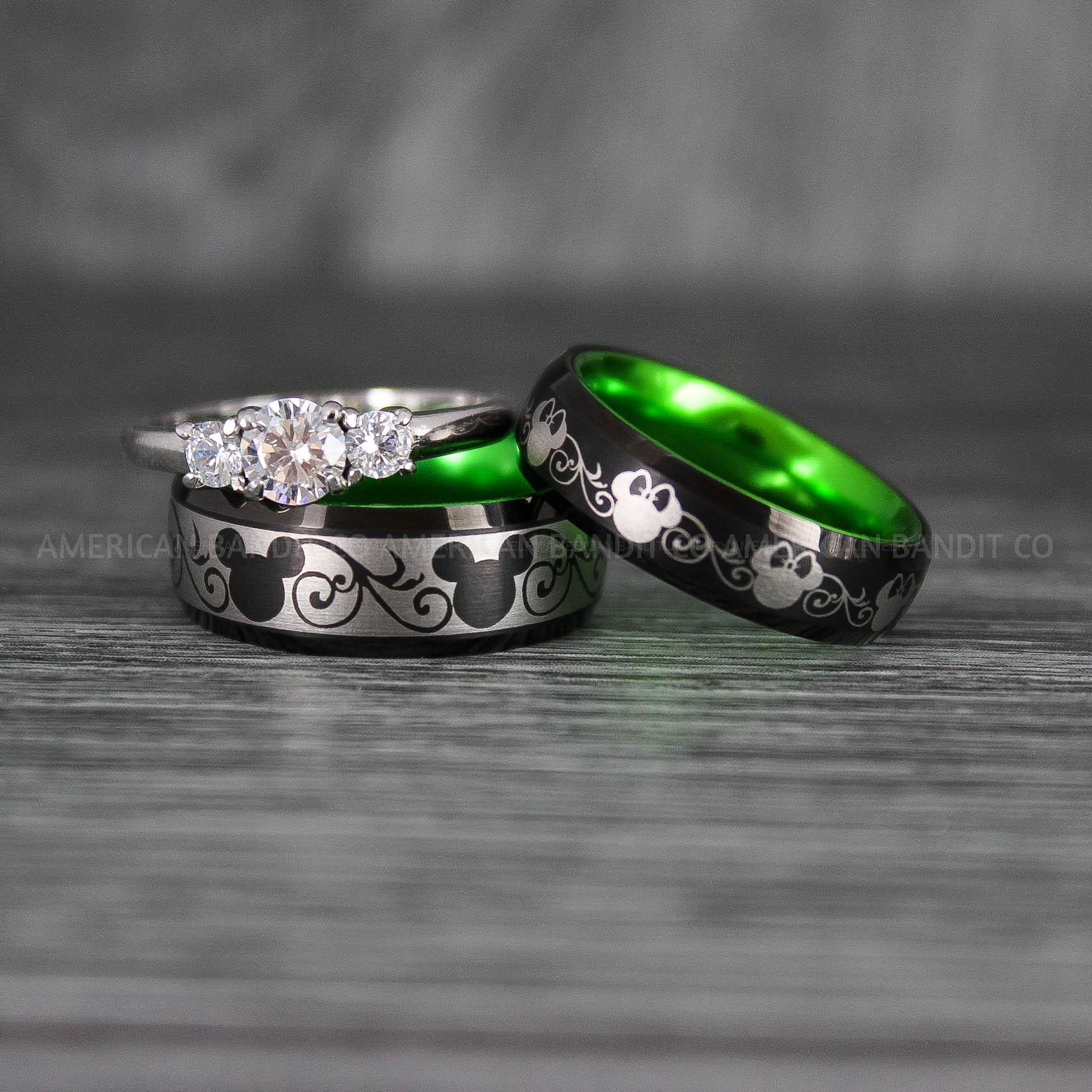 IMG_7011 Mickey Mouse Rings, Mickey Rings, Mickey Mouse Wedding Bands, Mickey Mouse Wedding Rings, Black Wedding Bands, Green Couple Rings - Image 1