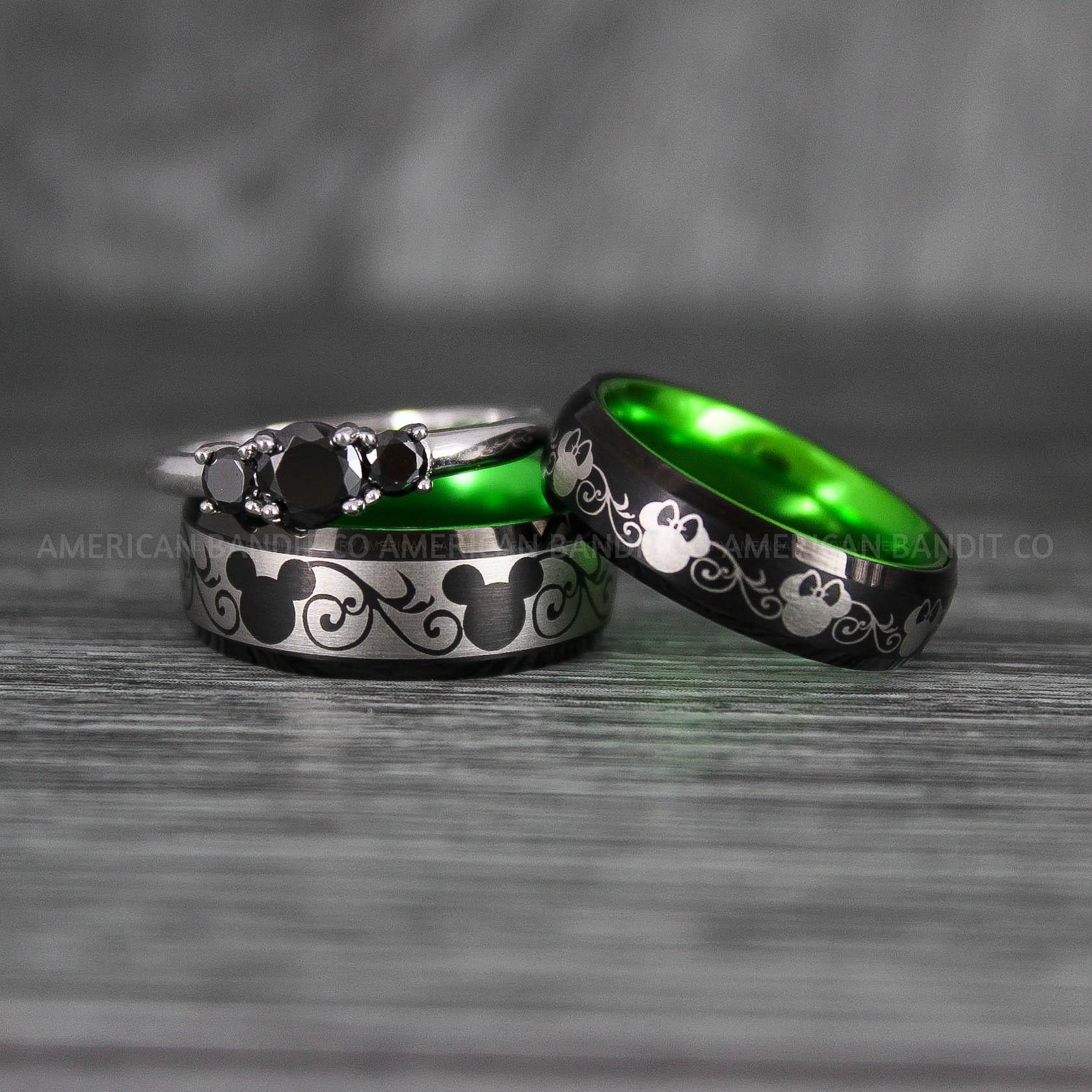 IMG_7012 Mickey Mouse Rings, Mickey Rings, Mickey Mouse Wedding Bands, Mickey Mouse Wedding Rings, Black Wedding Bands, Green Couple Rings - Image 1