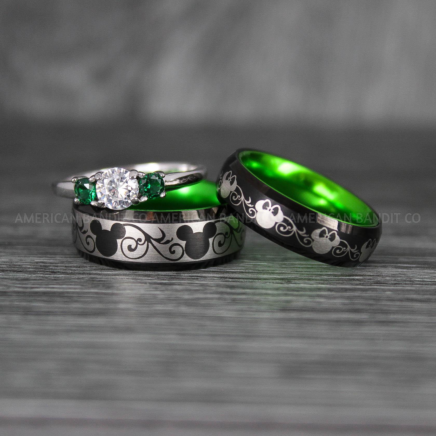 IMG_7013 Mickey Mouse Rings, Mickey Rings, Mickey Mouse Wedding Bands, Mickey Mouse Wedding Rings, Black Wedding Bands, Green Couple Rings - Image 1
