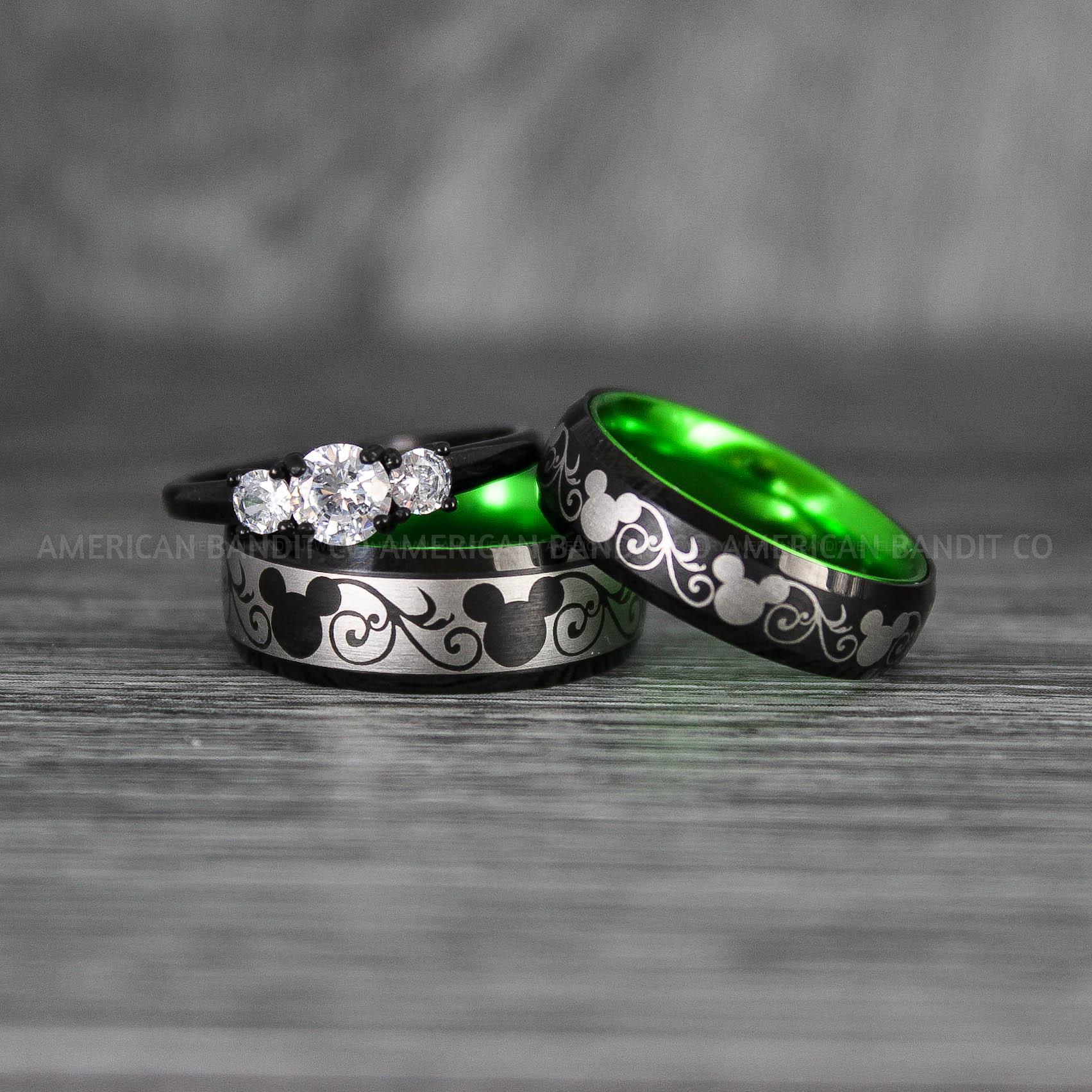 IMG_7019 Mickey Mouse Rings, Mickey Rings, Mickey Mouse Wedding Bands, Mickey Mouse Wedding Rings, Black Wedding Bands, Green Couple Rings - Image 1