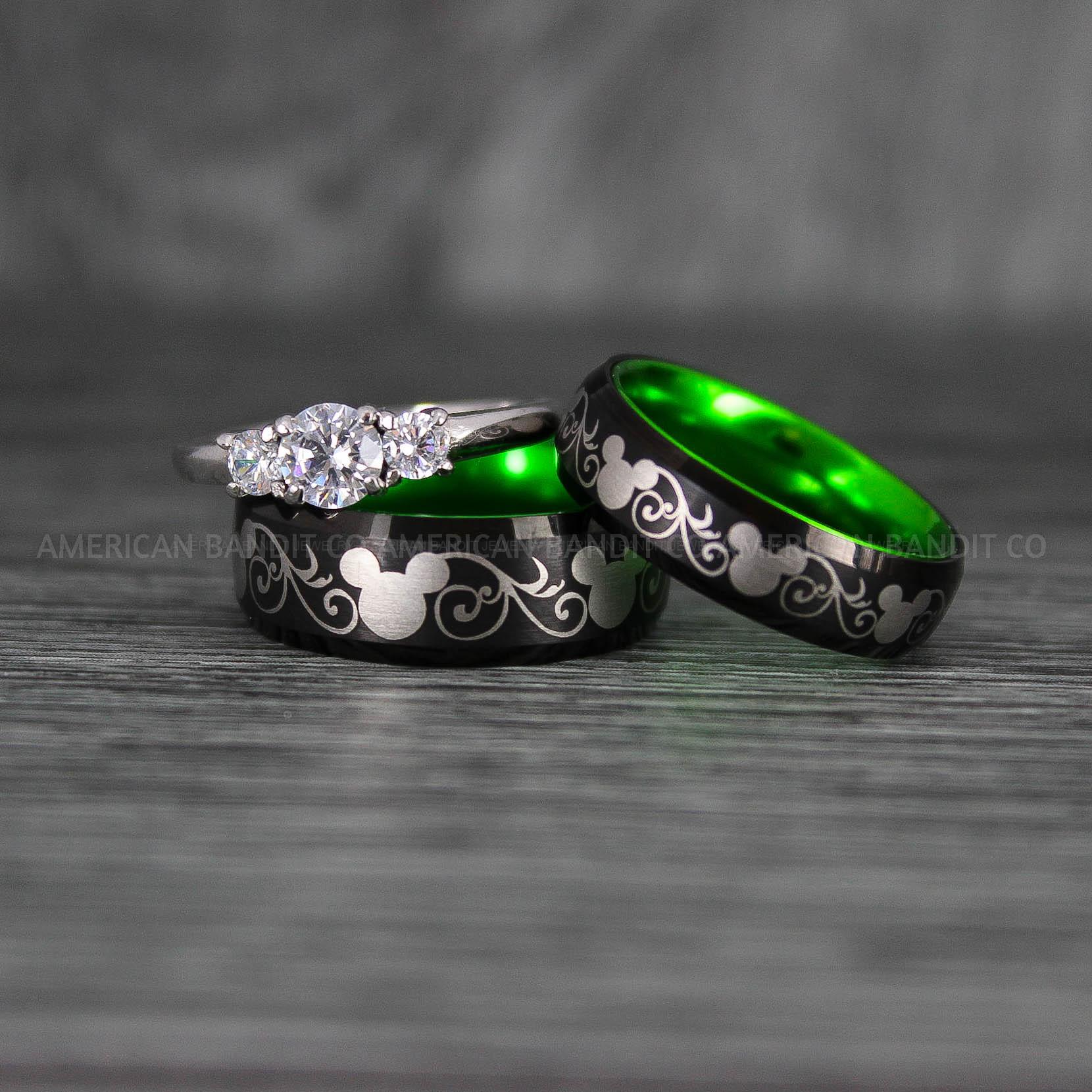 IMG_7022 Mickey Mouse Rings, Mickey Rings, Mickey Mouse Wedding Bands, Mickey Mouse Wedding Rings, Black Wedding Bands, Green Couple Rings - Image 1