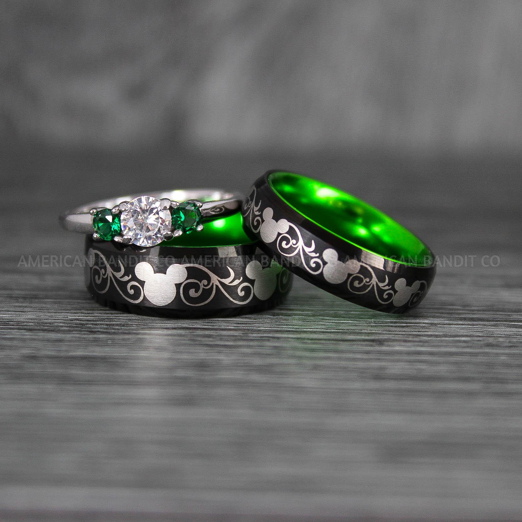 IMG_7023 Mickey Mouse Rings, Mickey Rings, Mickey Mouse Wedding Bands, Mickey Mouse Wedding Rings, Black Wedding Bands, Green Couple Rings - Image 1