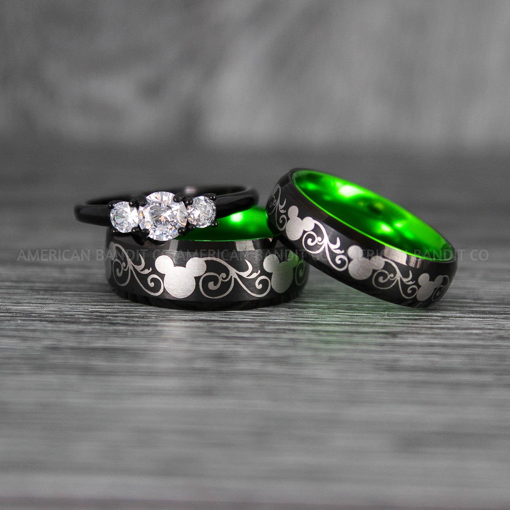 IMG_7025 Mickey Mouse Rings, Mickey Rings, Mickey Mouse Wedding Bands, Mickey Mouse Wedding Rings, Black Wedding Bands, Green Couple Rings - Image 1