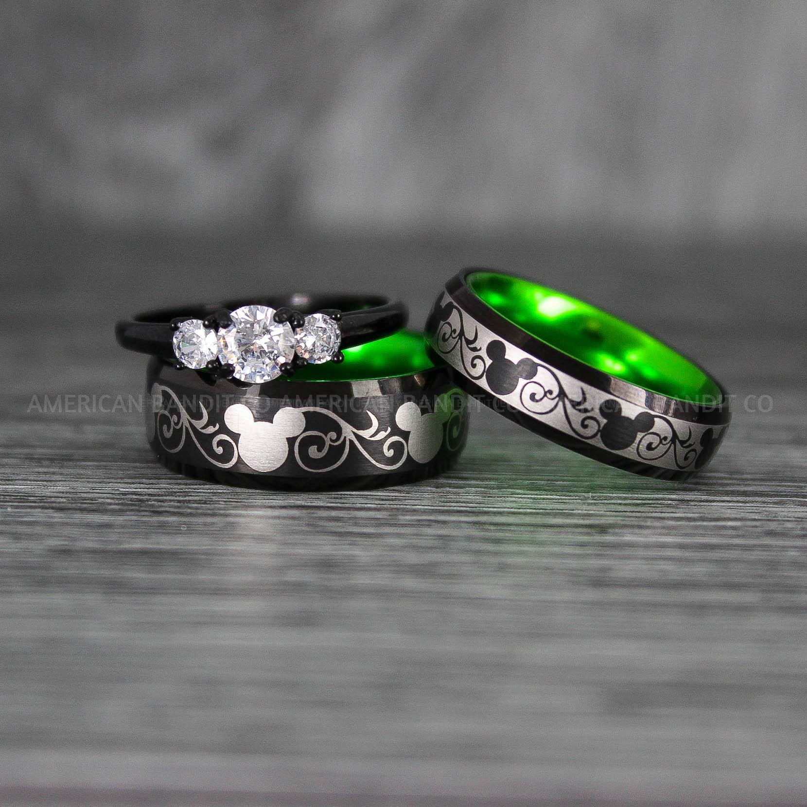 IMG_7026 Mickey Mouse Rings, Mickey Rings, Mickey Mouse Wedding Bands, Mickey Mouse Wedding Rings, Black Wedding Bands, Green Couple Rings - Image 1