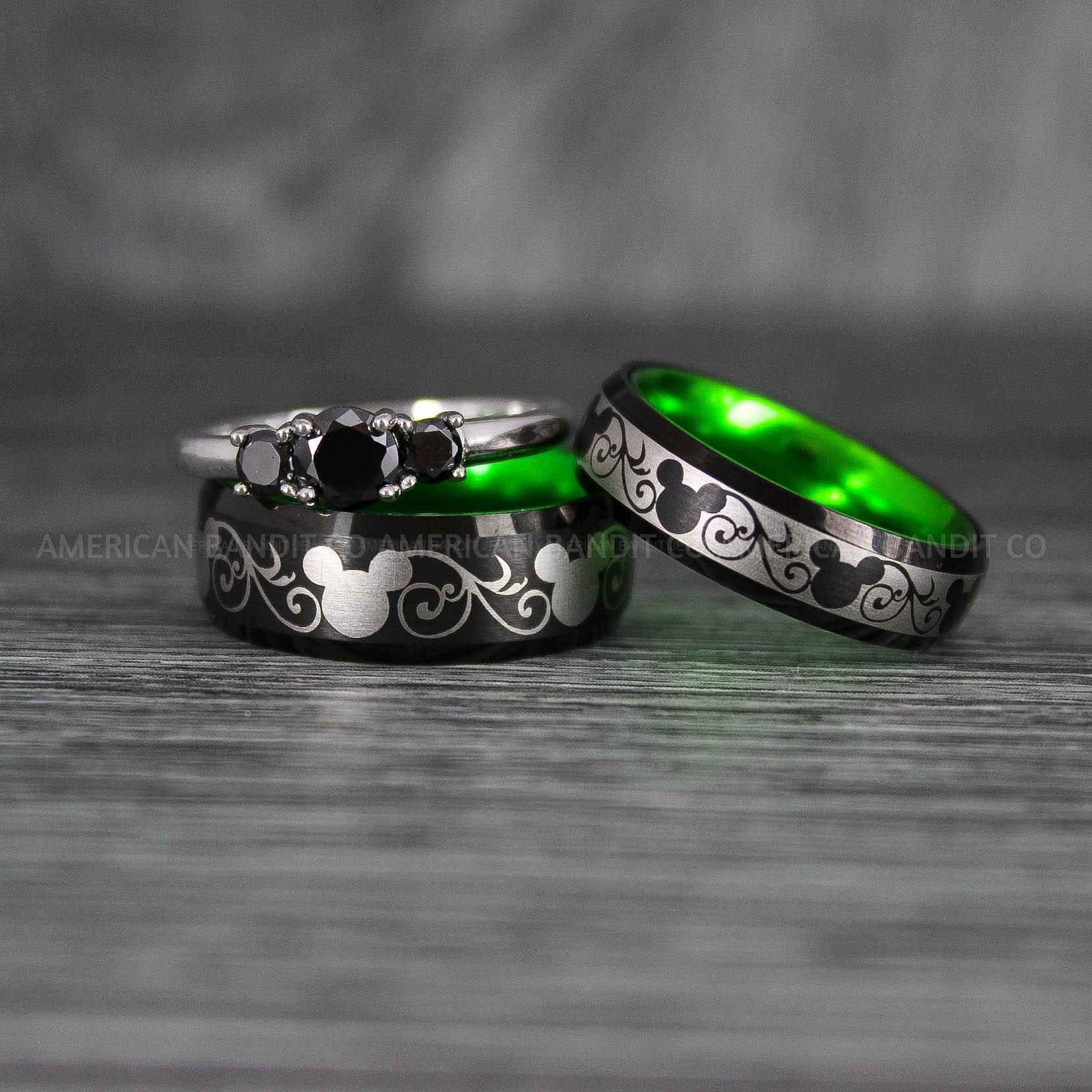 IMG_7027 Mickey Mouse Rings, Mickey Rings, Mickey Mouse Wedding Bands, Mickey Mouse Wedding Rings, Black Wedding Bands, Green Couple Rings - Image 1