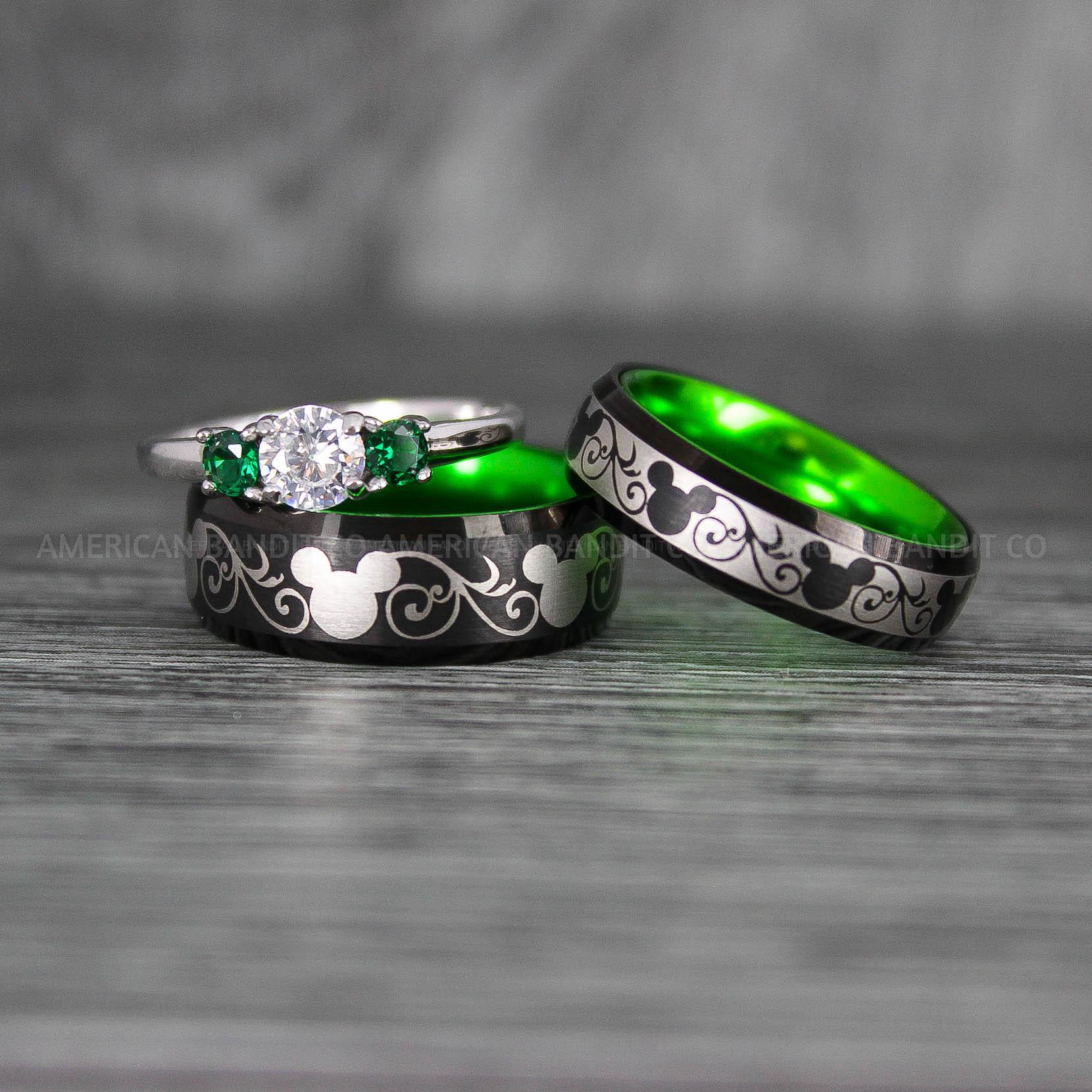 IMG_7029 Mickey Mouse Rings, Mickey Rings, Mickey Mouse Wedding Bands, Mickey Mouse Wedding Rings, Black Wedding Bands, Green Couple Rings - Image 1