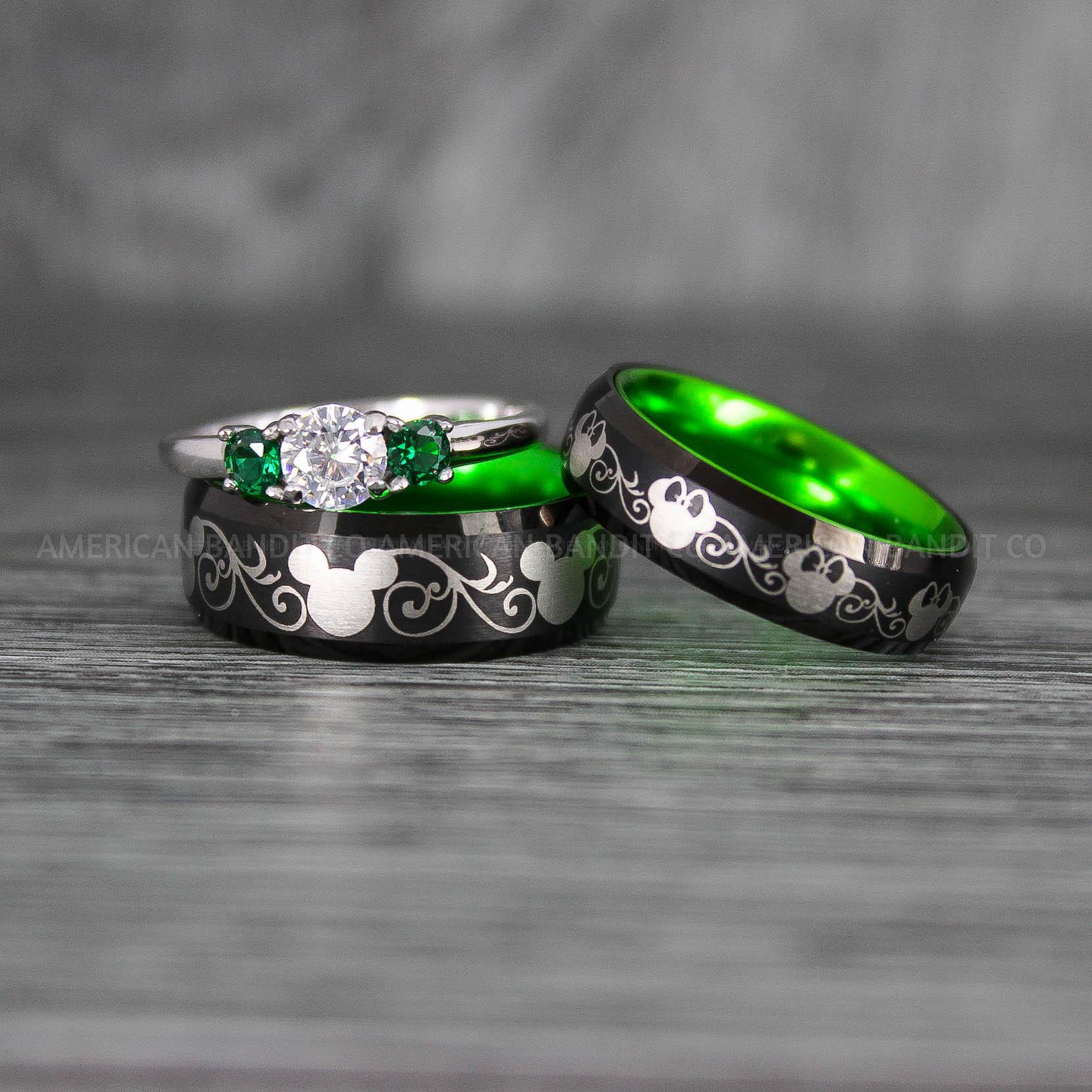 IMG_7030 Mickey Mouse Rings, Mickey Rings, Mickey Mouse Wedding Bands, Mickey Mouse Wedding Rings, Black Wedding Bands, Green Couple Rings - Image 1