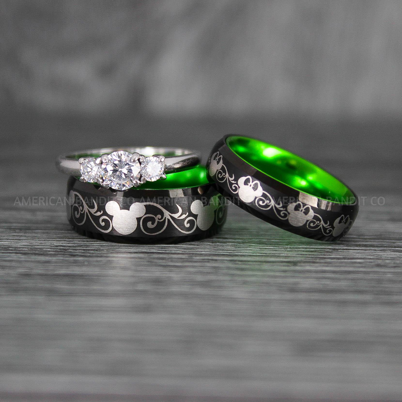 IMG_7031 Mickey Mouse Rings, Mickey Rings, Mickey Mouse Wedding Bands, Mickey Mouse Wedding Rings, Black Wedding Bands, Green Couple Rings - Image 1