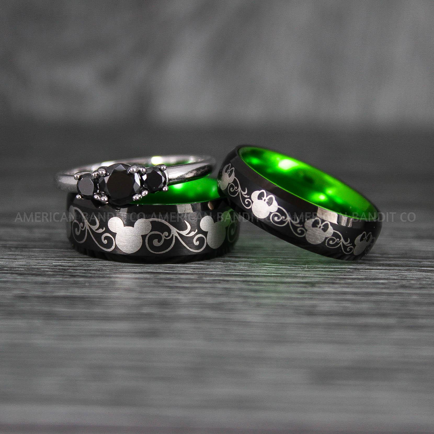 IMG_7032 Mickey Mouse Rings, Mickey Rings, Mickey Mouse Wedding Bands, Mickey Mouse Wedding Rings, Black Wedding Bands, Green Couple Rings - Image 1