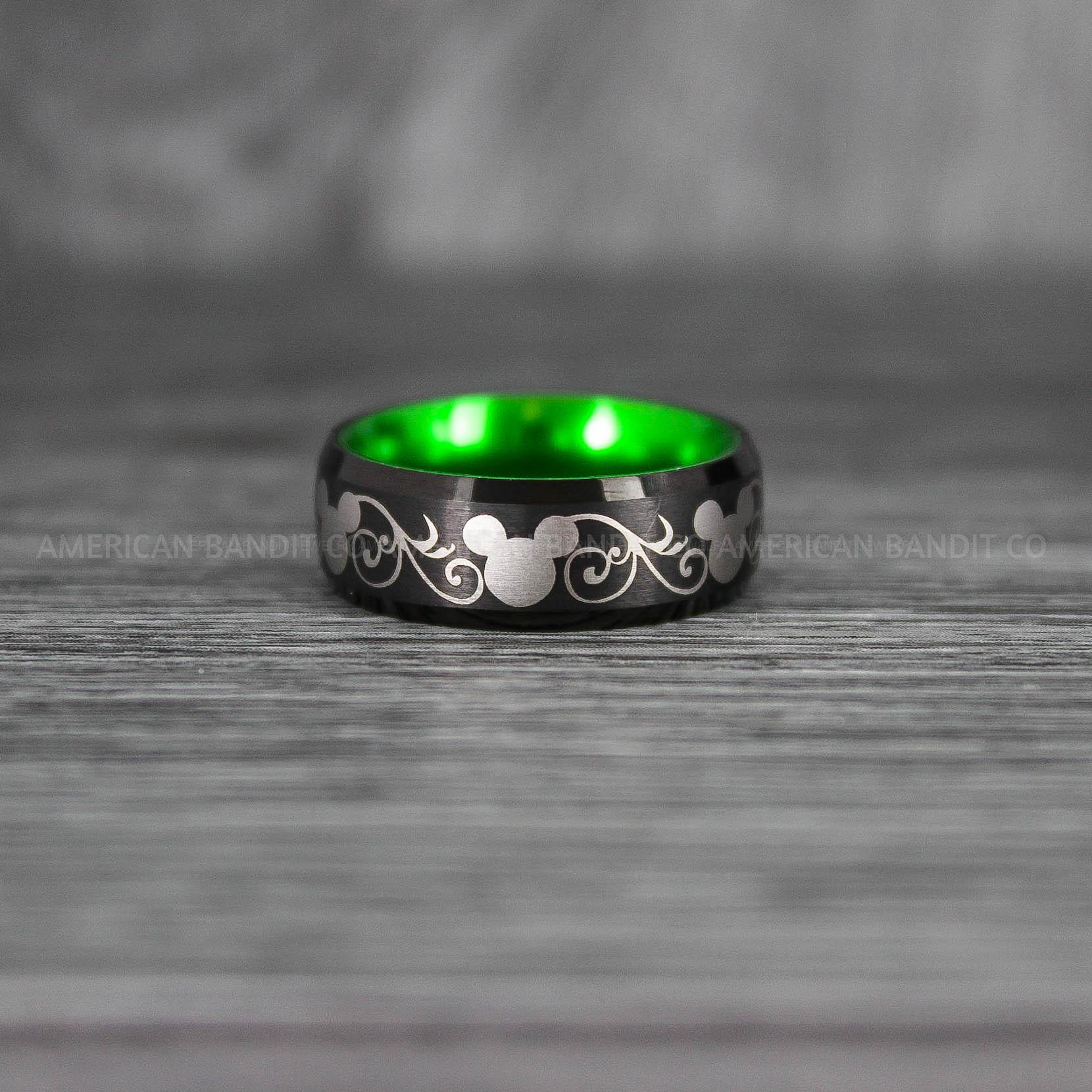 IMG_7037 Mickey Mouse Ring, Mickey Ring, Mickey Mouse Wedding Band, Mickey Mouse Wedding Ring, Black Wedding Band, Green Ring - Image 1