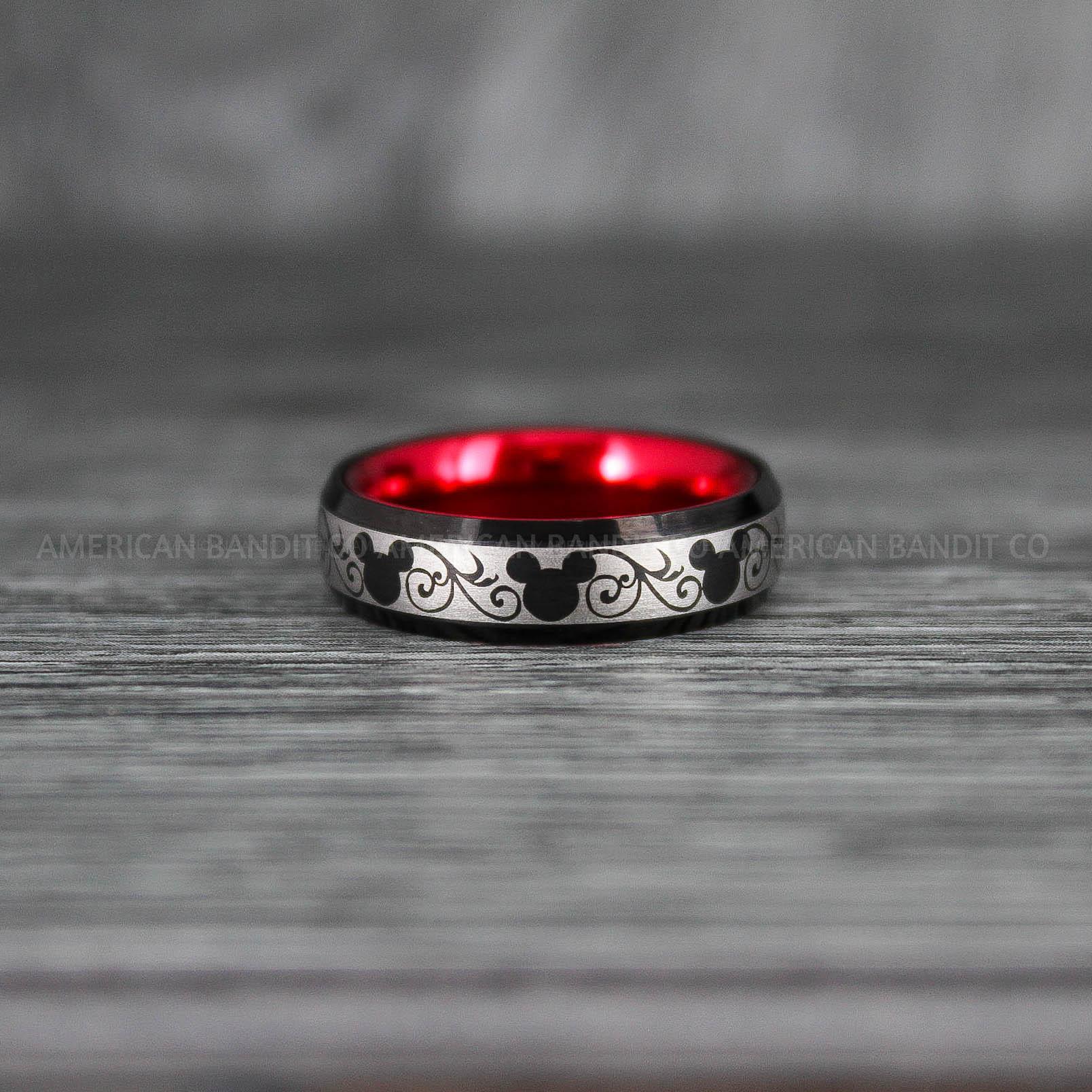 IMG_7059 Mickey Mouse Ring, Mickey Ring, Mickey Mouse Wedding Band, Mickey Mouse Wedding Ring, Black Wedding Band, Red Ring - Image 1